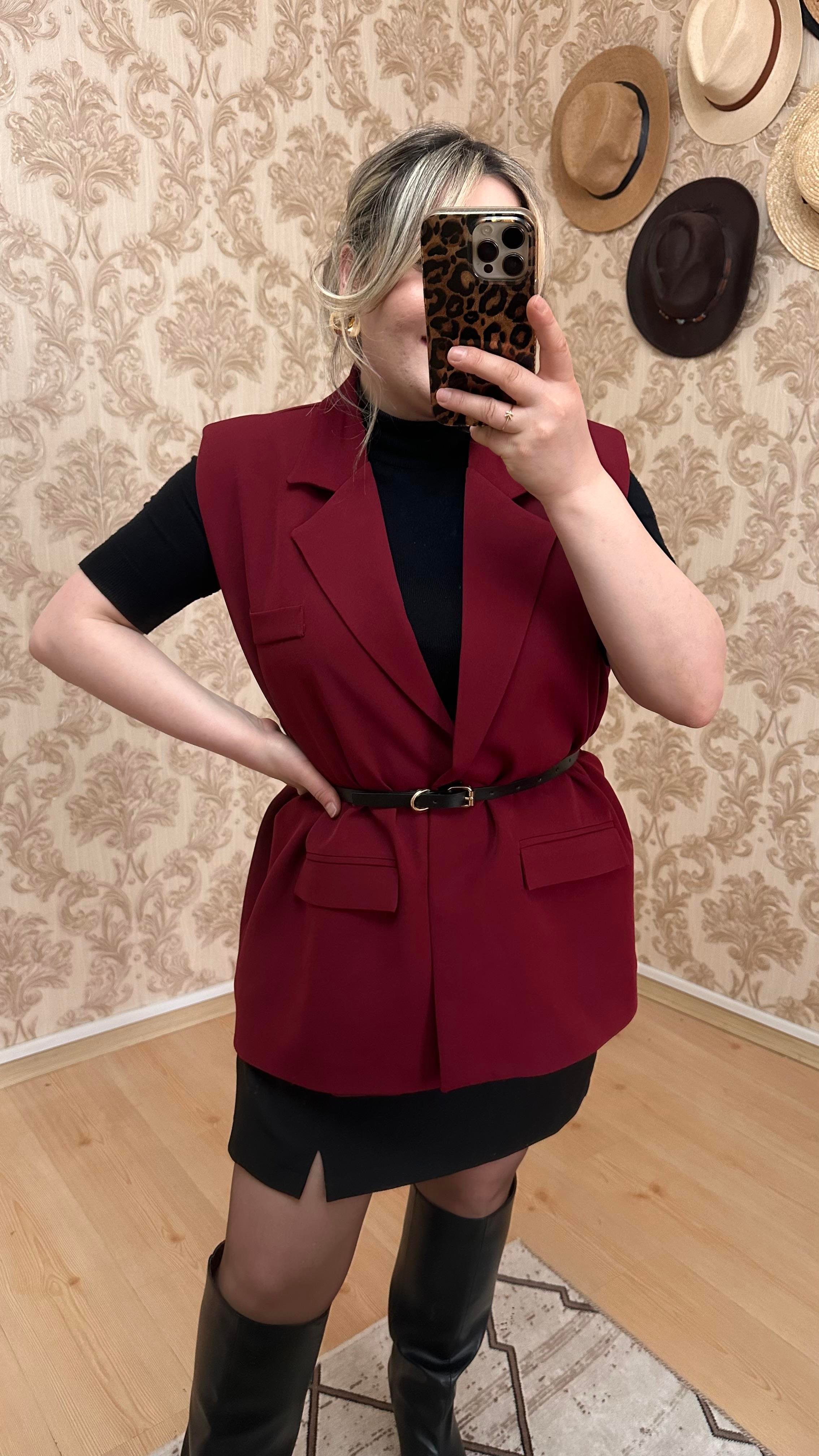 KOLSUZ KEMERLİ BLAZER CEKET YELEK BORDO