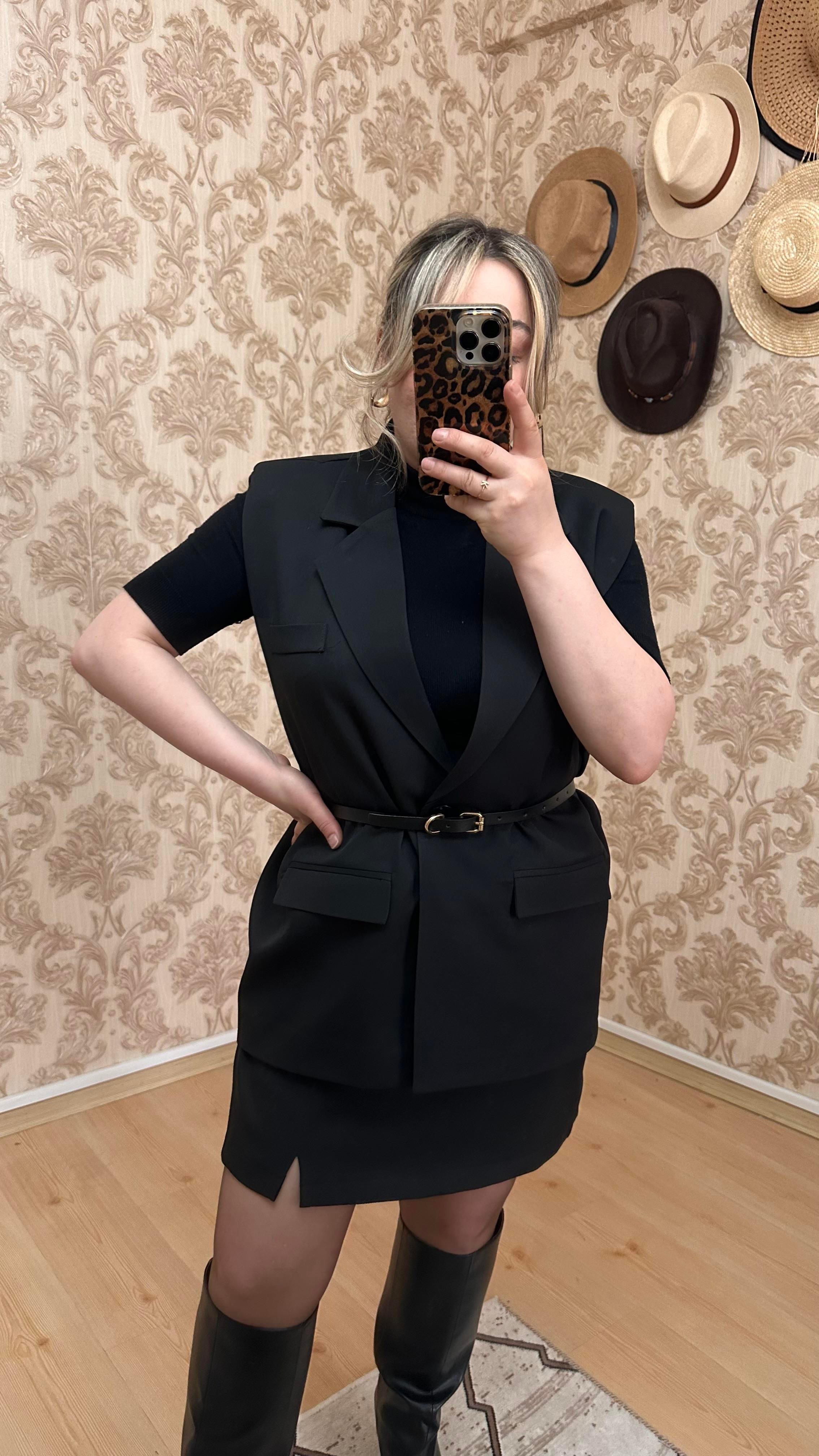 KOLSUZ KEMERLİ BLAZER CEKET YELEK SİYAH