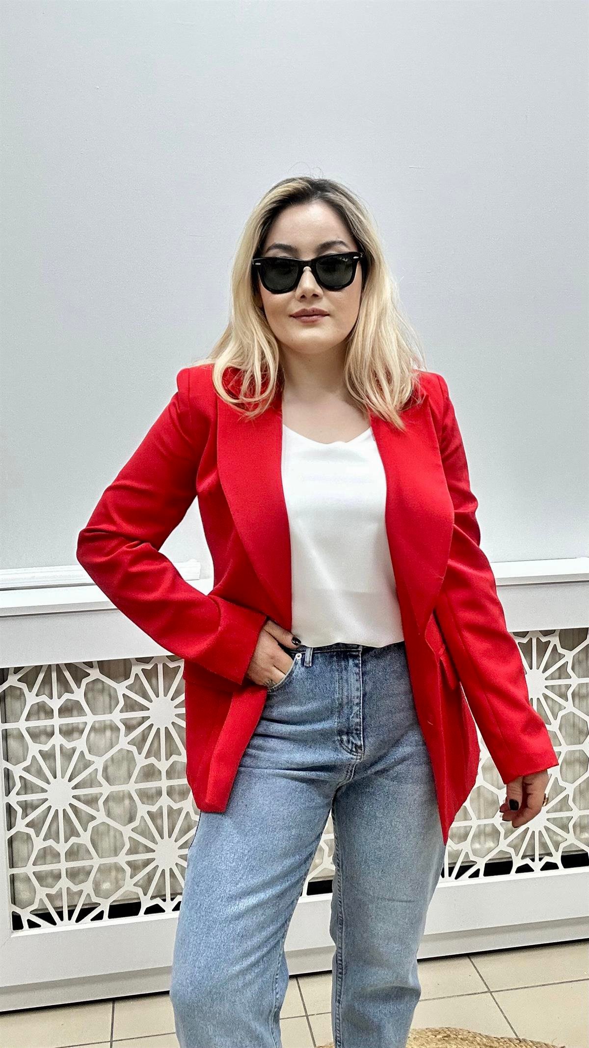 Kruvaze Yaka Çift Düğmeli Ceket Kırmızı