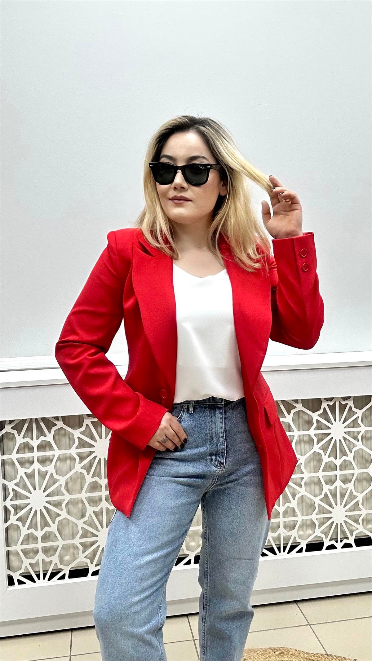 Kruvaze Yaka Çift Düğmeli Ceket Kırmızı