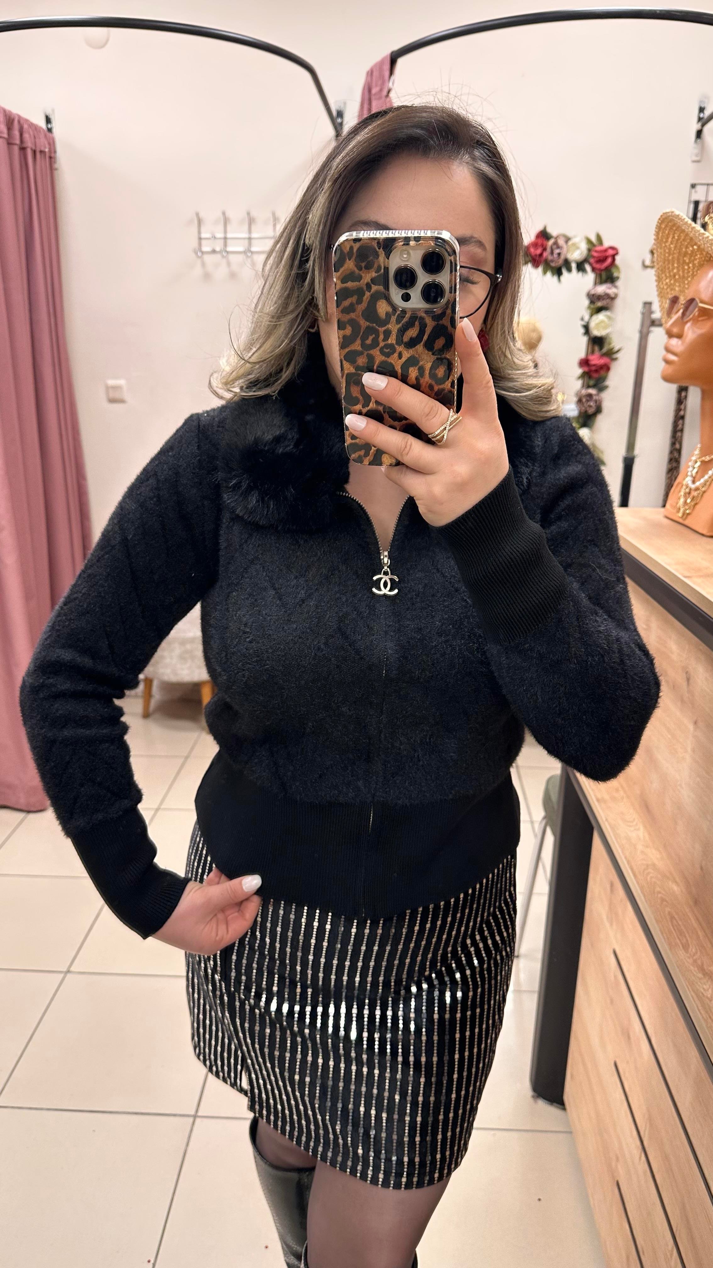 KÜRK YAKA FERMUARLI ANGORA HIRKA SİYAH