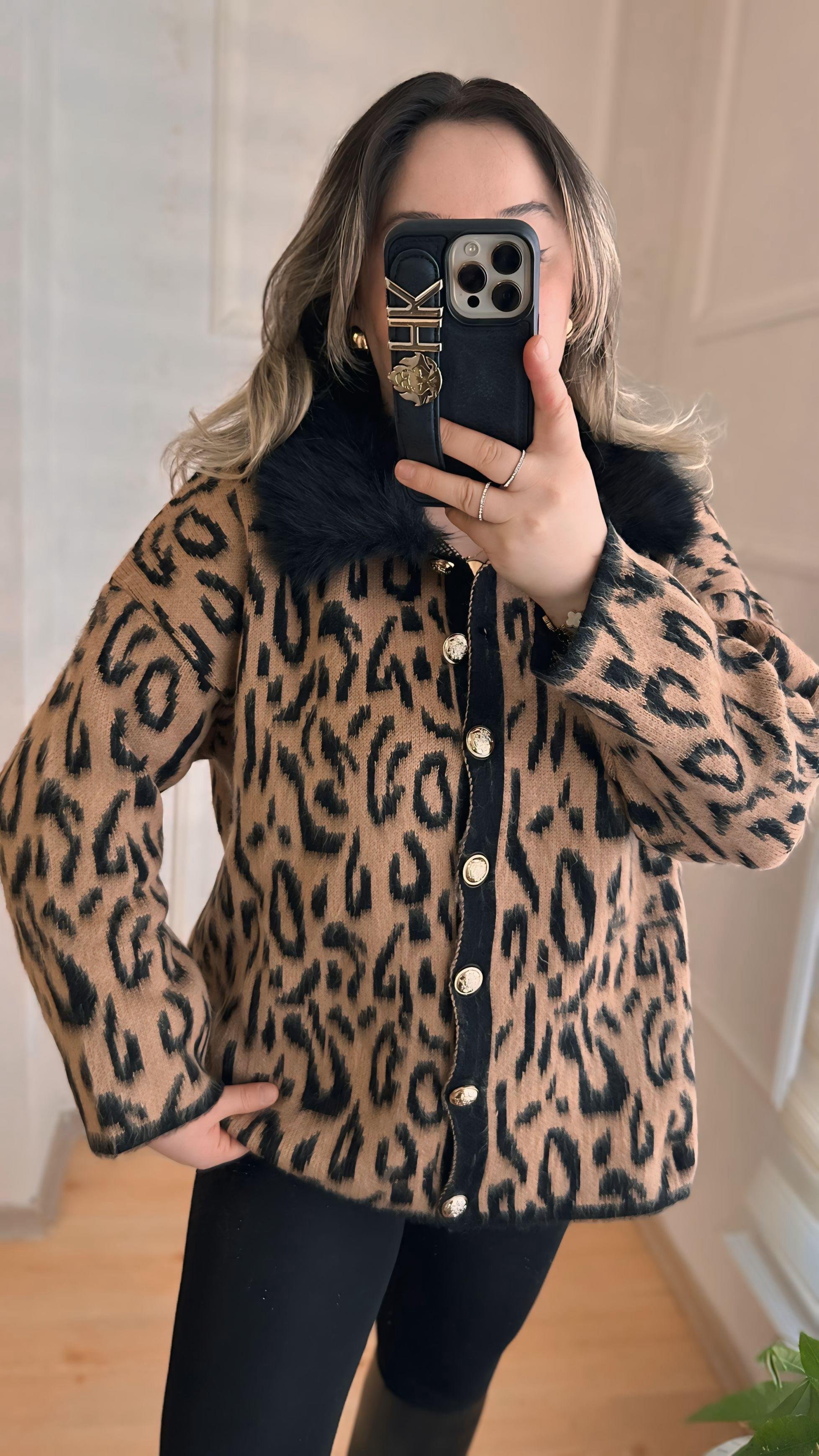 KÜRK YAKALI LEOPAR HIRKA SİYAH