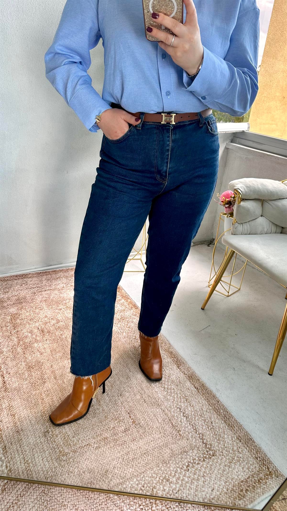 Lacivert Boy Fit Kesik Paça Jean