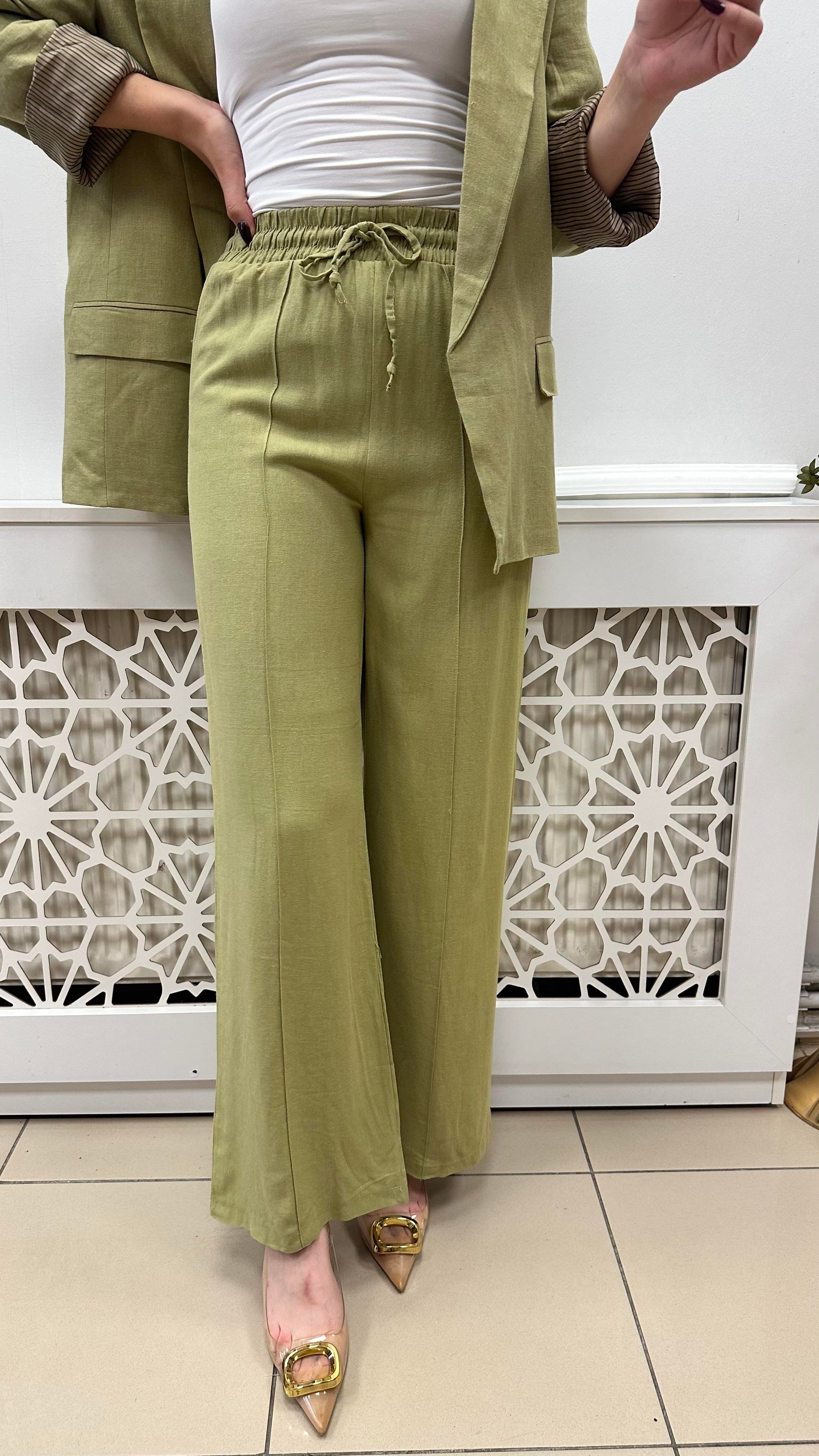 LASTİKLİ YÜKSEK BEL İÇ ASTARLI KETEN PANTALON YEŞİL