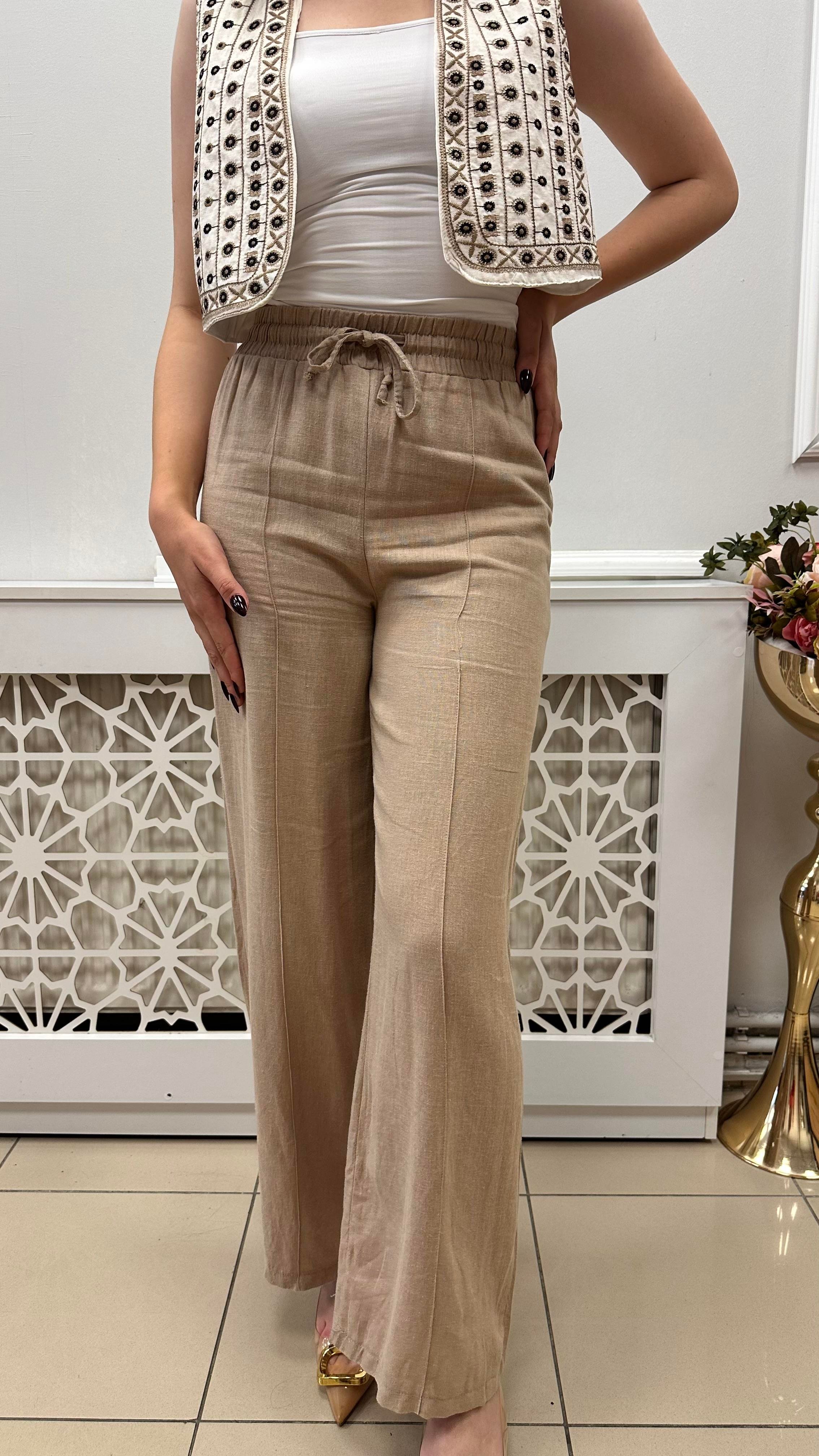 LASTİKLİ YÜKSEK BEL İÇ ASTARLI KETEN PANTALON CAMEL
