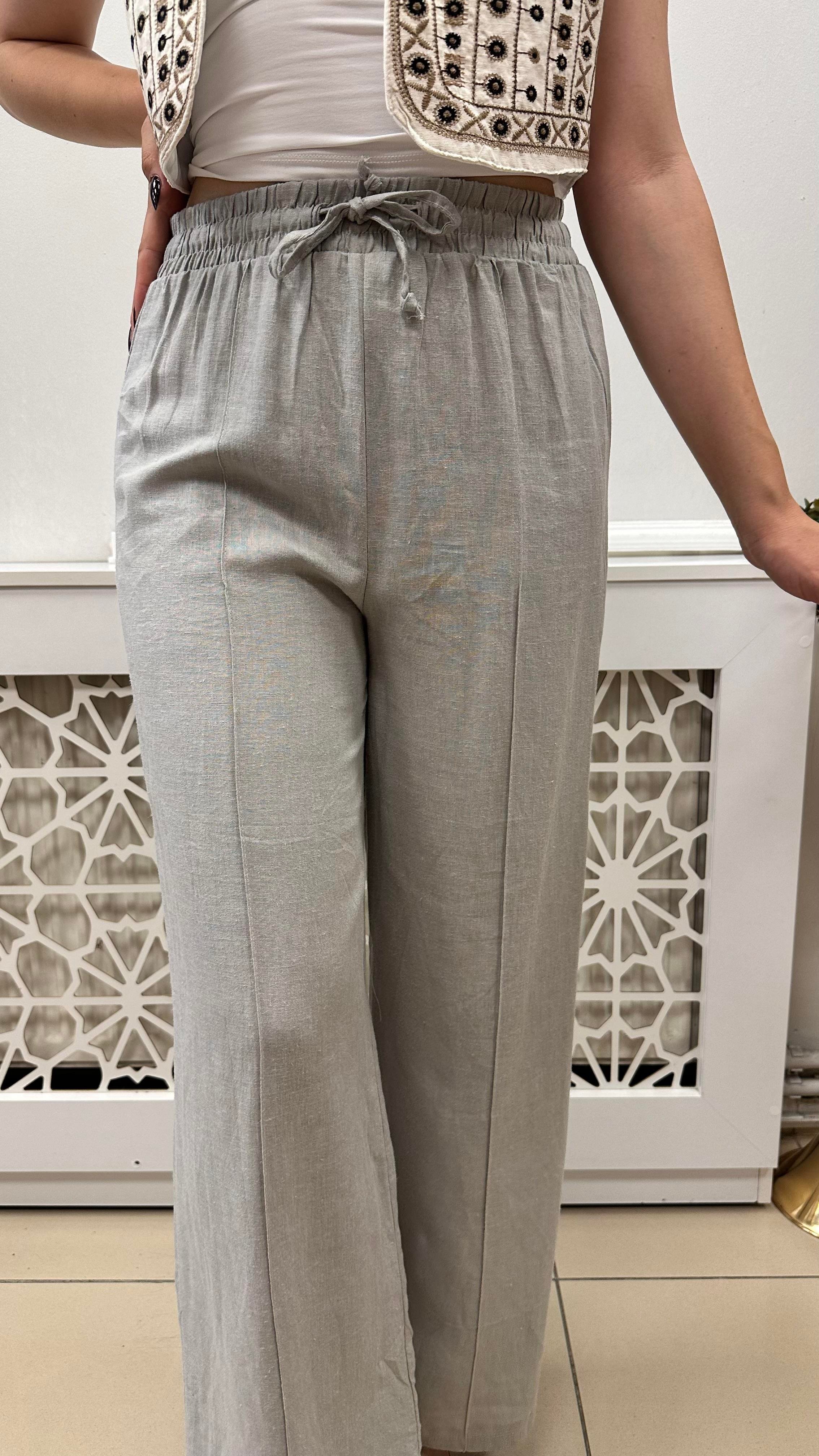 LASTİKLİ YÜKSEK BEL İÇ ASTARLI KETEN PANTALON GRİ