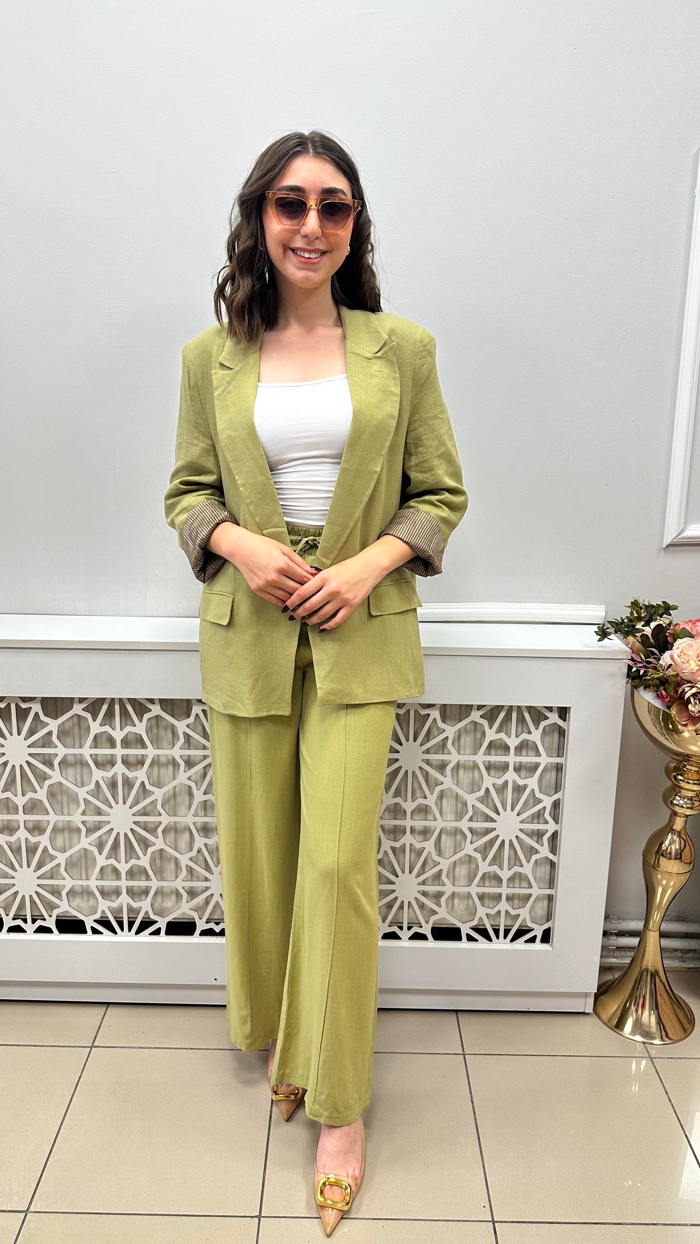 LASTİKLİ YÜKSEK BEL İÇ ASTARLI KETEN PANTALON YEŞİL