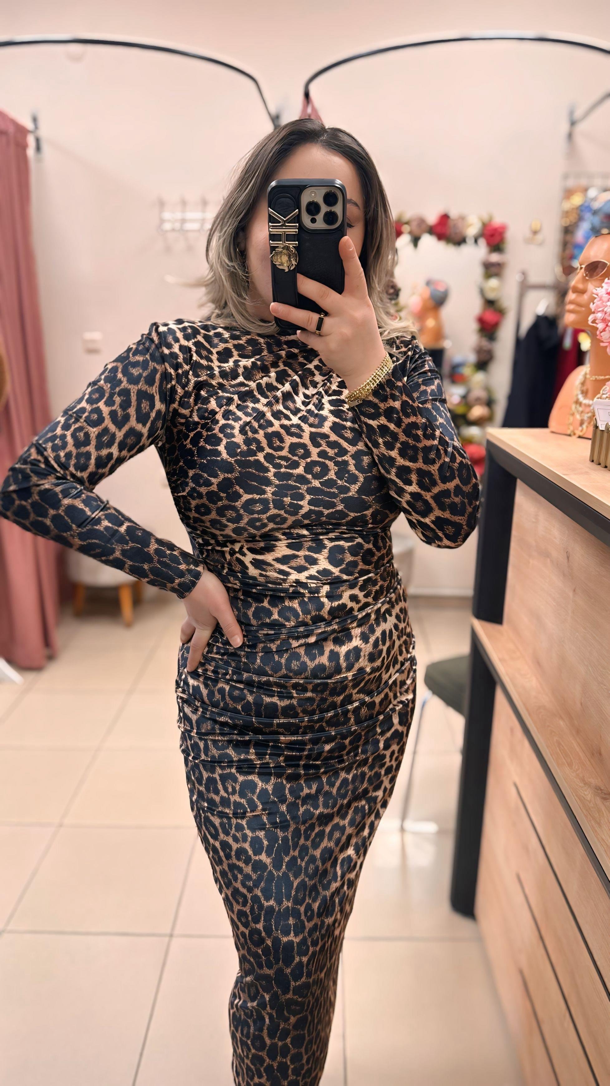 LEOPAR DESEN DRAPELİ KADİFE ELBİSE 
