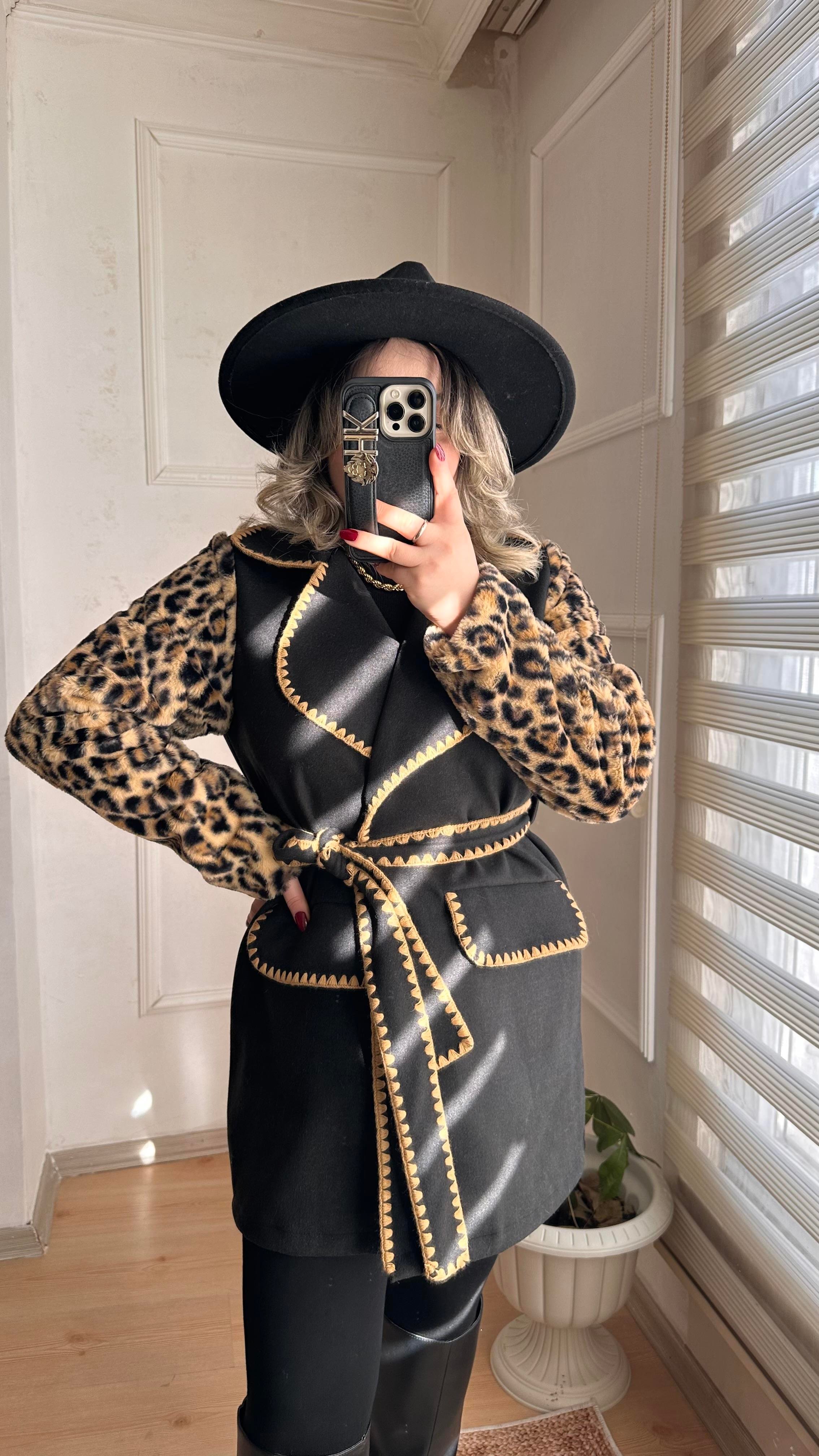LEOPAR DESEN KAŞE KUŞAKLI CEKET