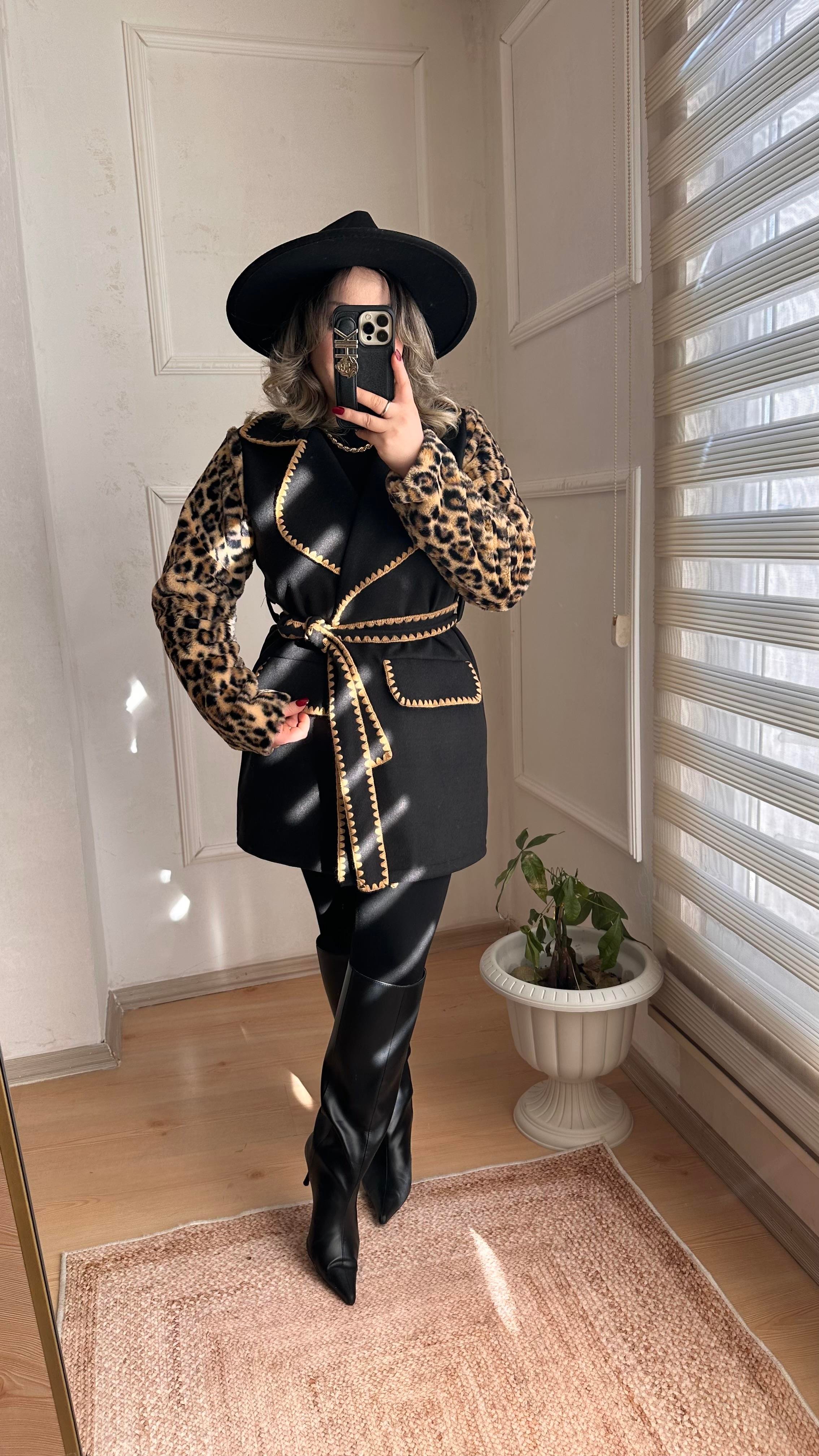 LEOPAR DESEN KAŞE KUŞAKLI CEKET