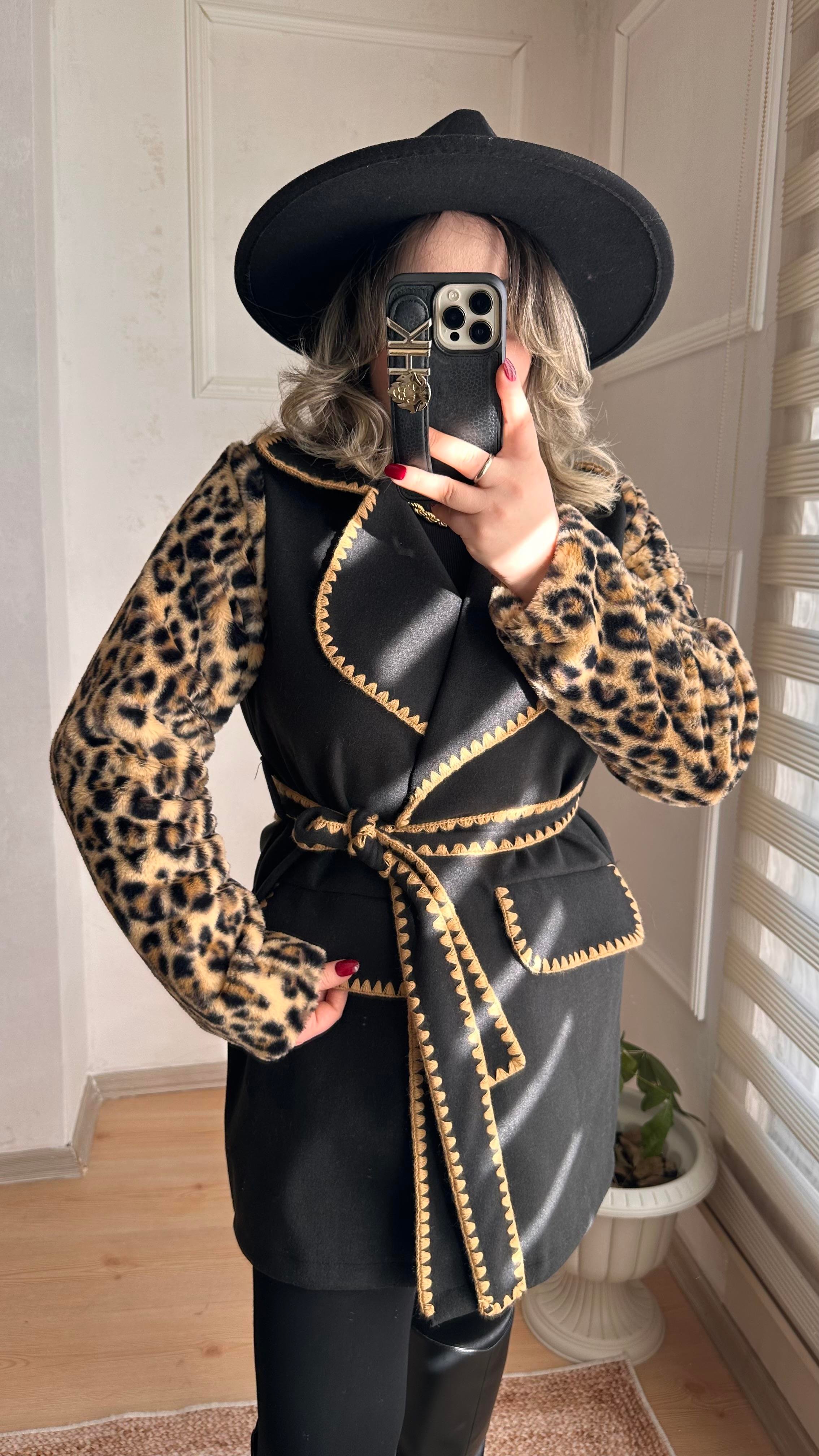 LEOPAR DESEN KAŞE KUŞAKLI CEKET