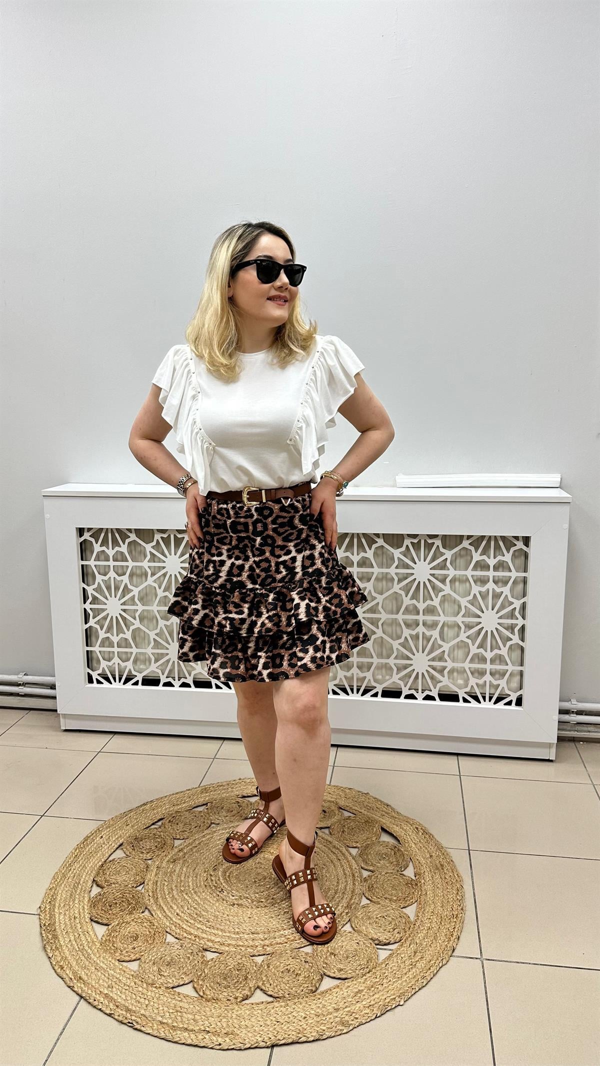 Leopar Desen Katlı Kısa Etek