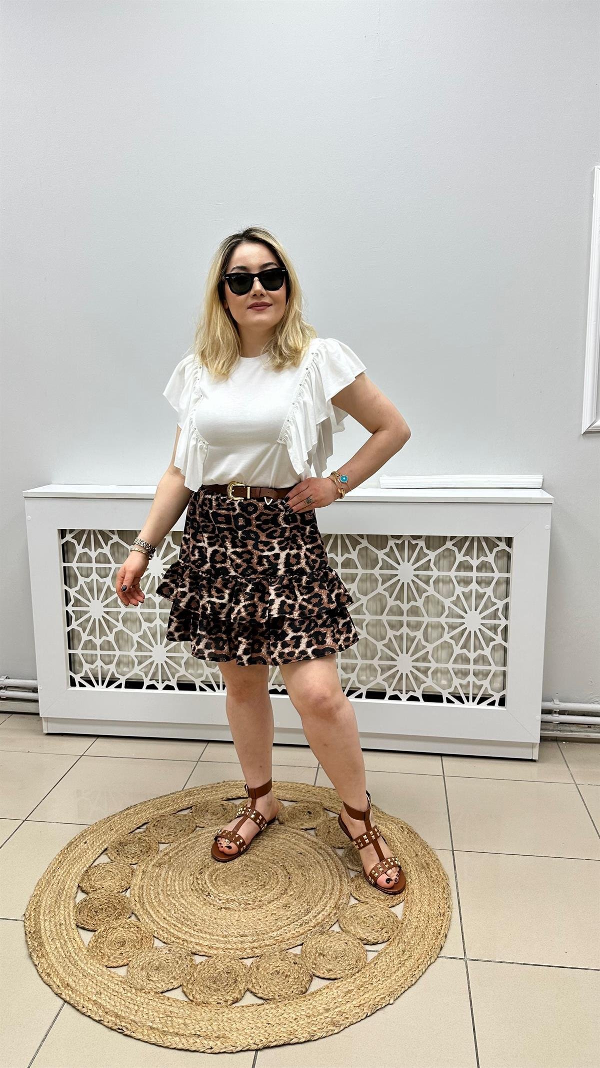 Leopar Desen Katlı Kısa Etek