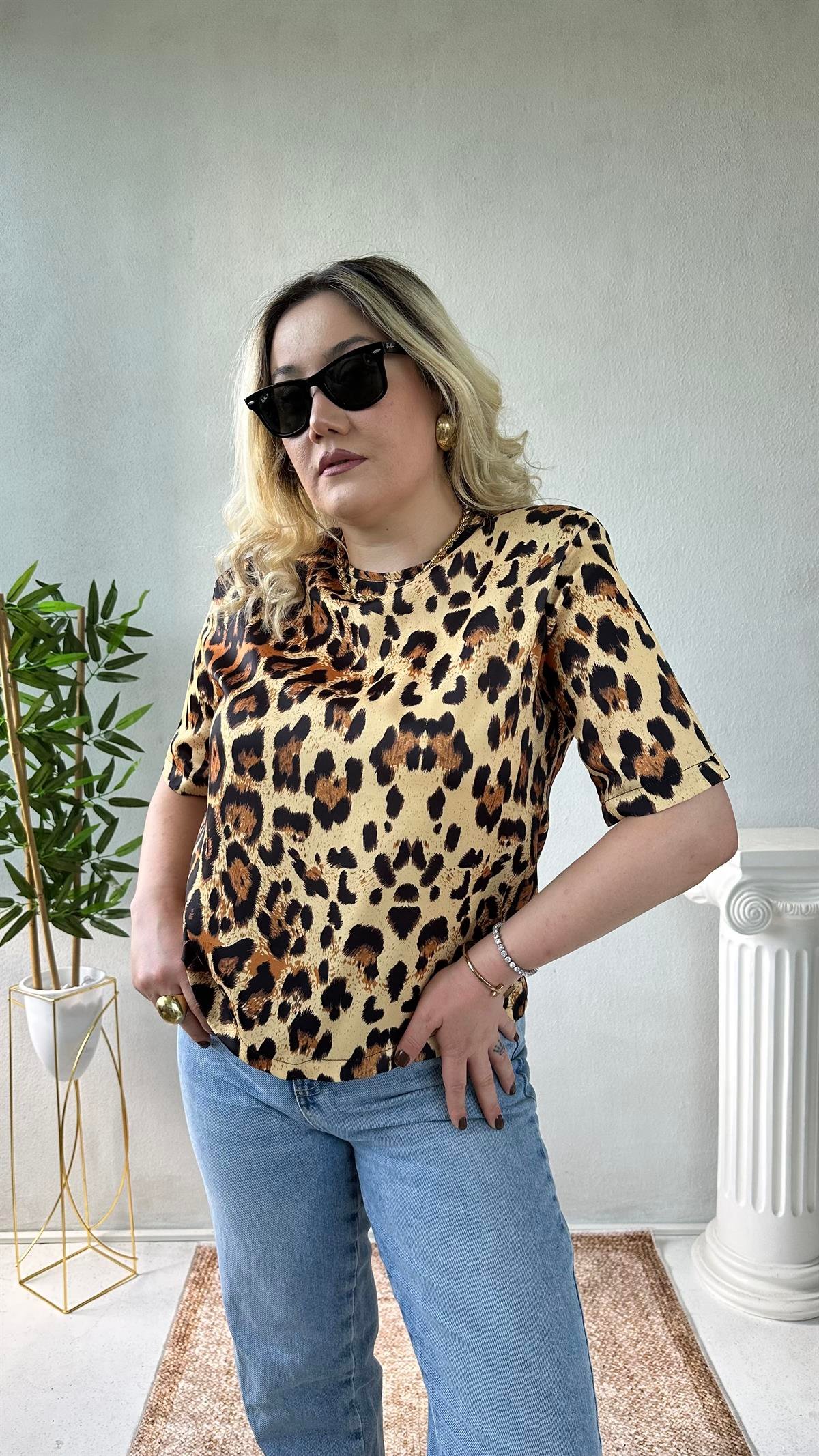 Leopar Desen Vatkalı Bluz