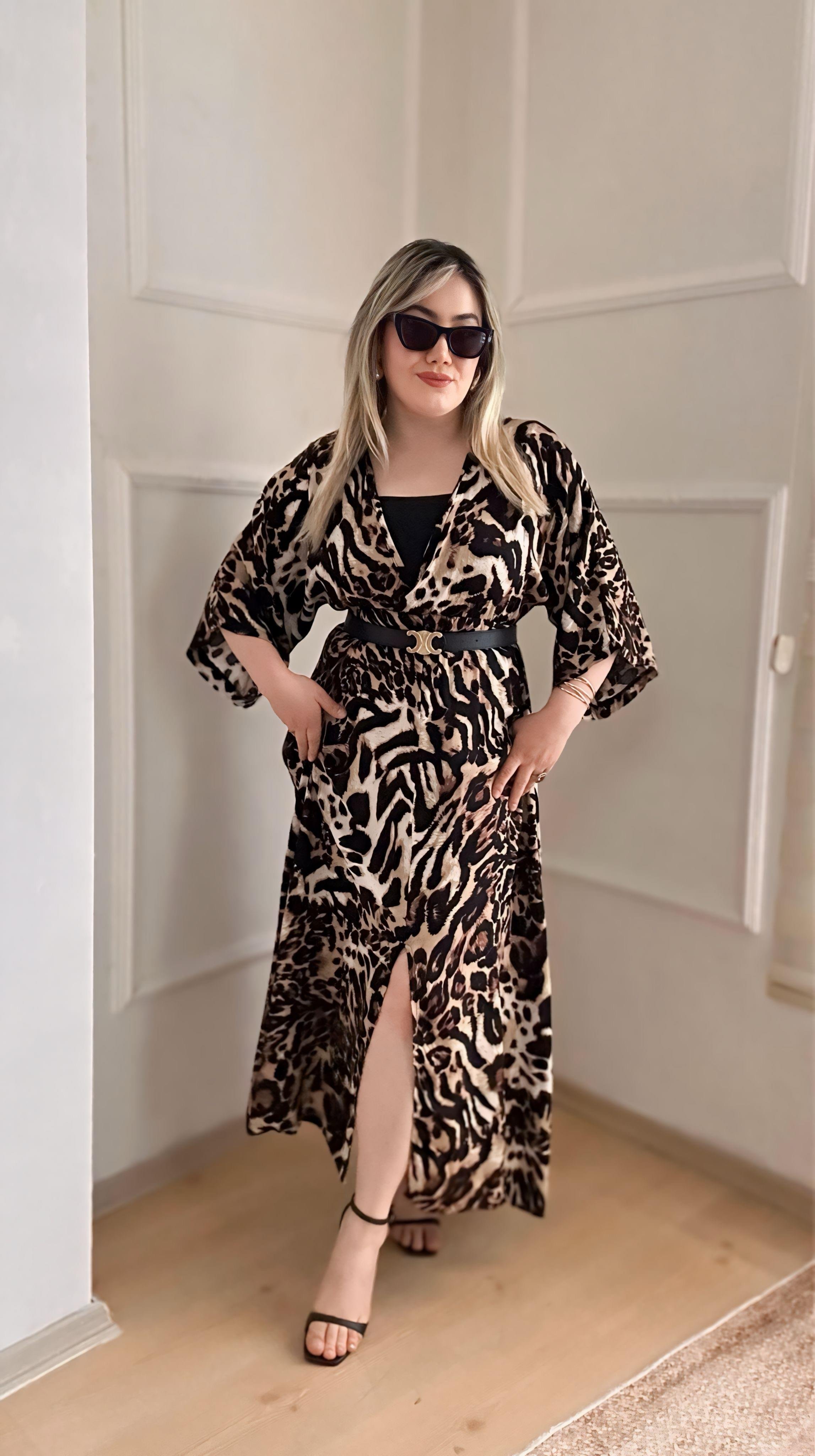 LEOPAR VİSKON ELBİSE