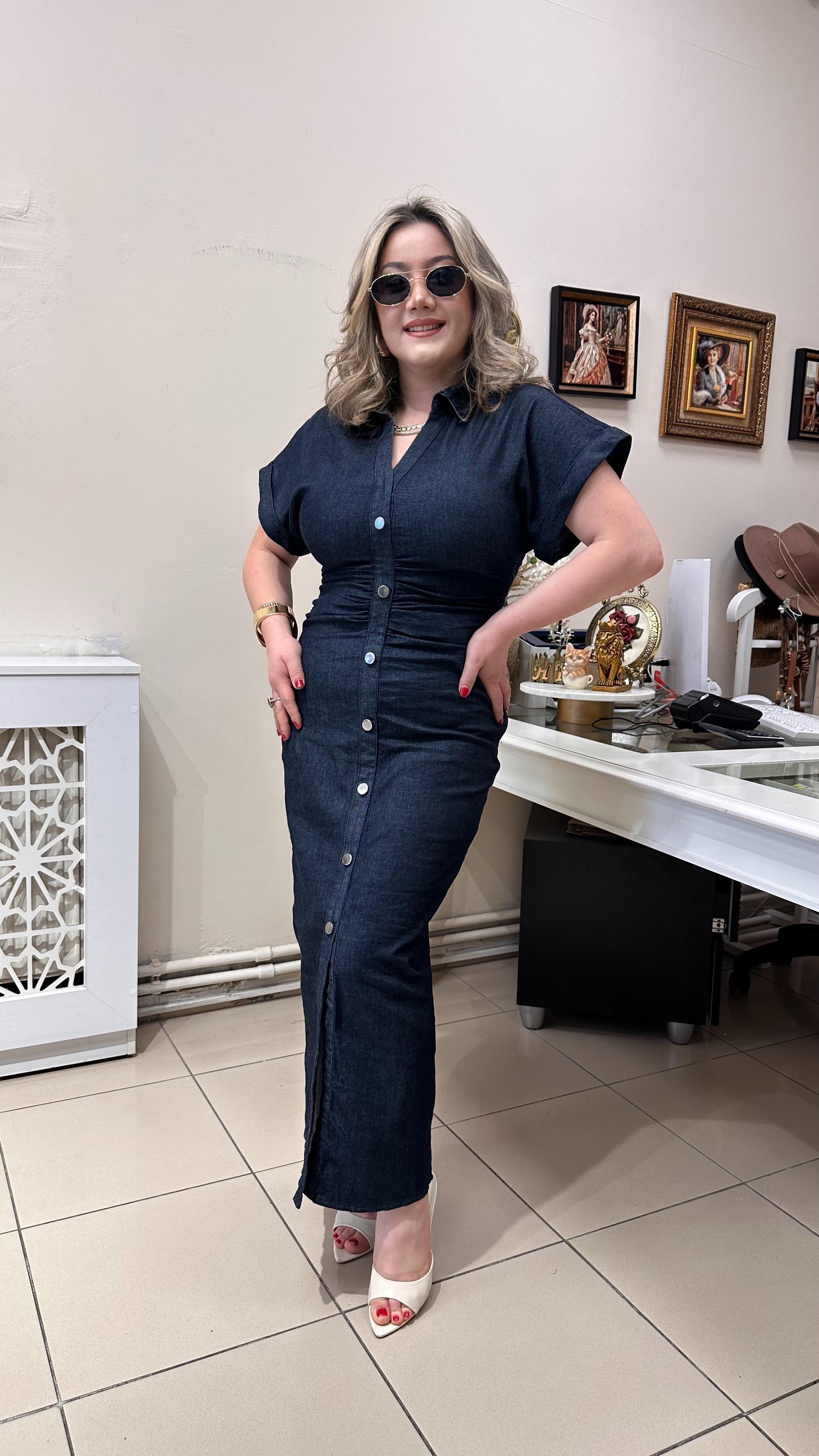LİKRALI DRAPE DETAYLI JEAN ELBİSE