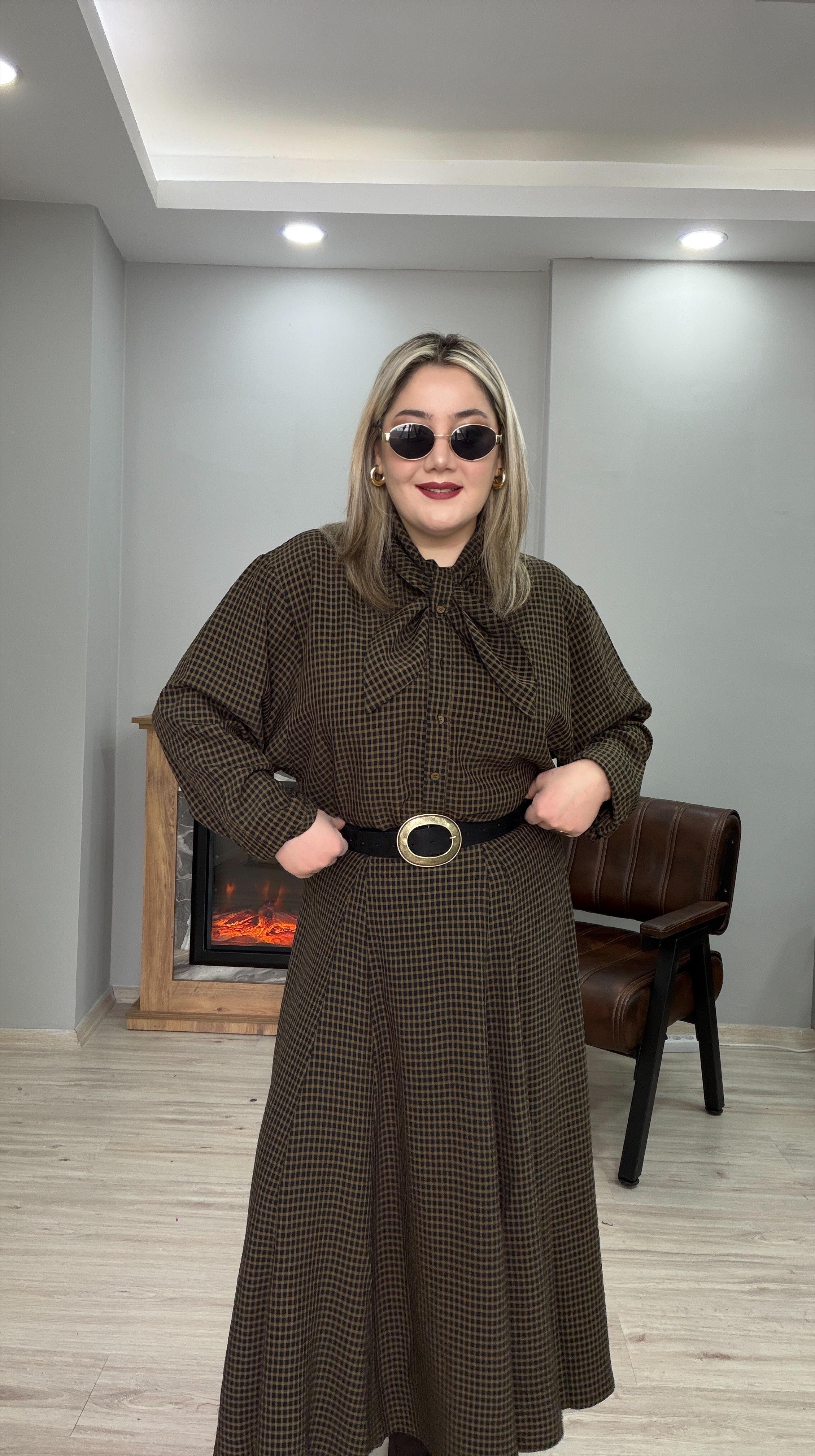 MİNİ EKOSE DESEN FULAR YAKA GÖMLEK HAKİ