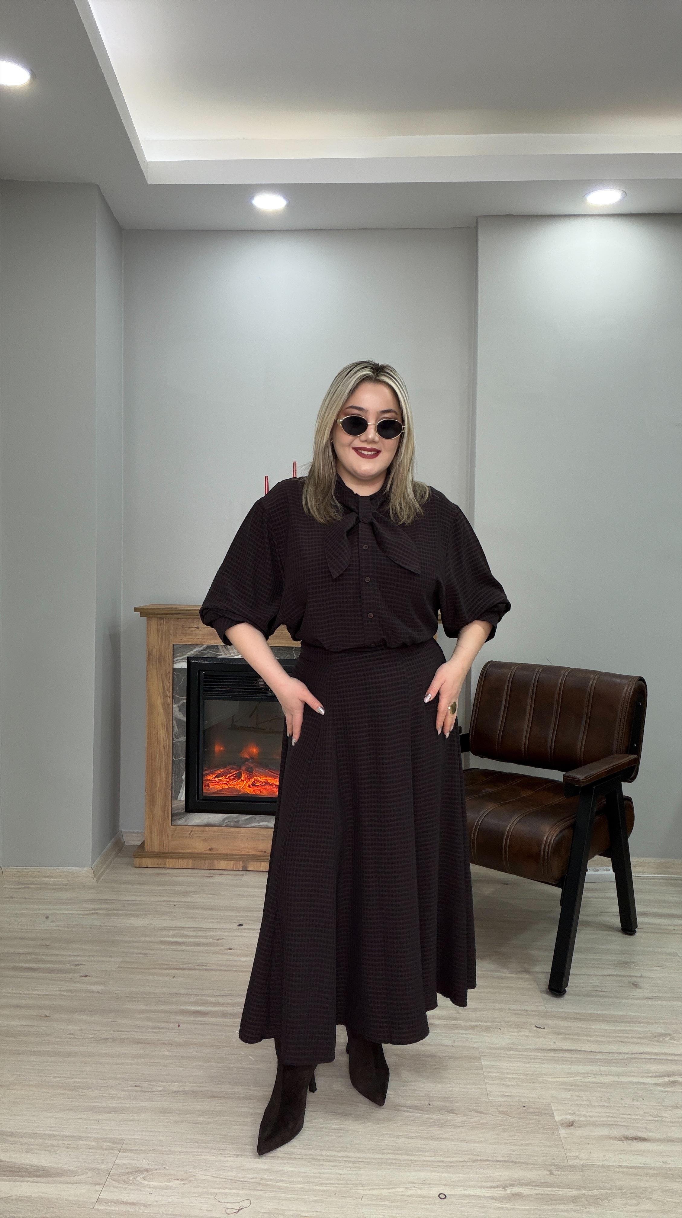MİNİ EKOSE DESEN FULAR YAKA GÖMLEK KAHVE 