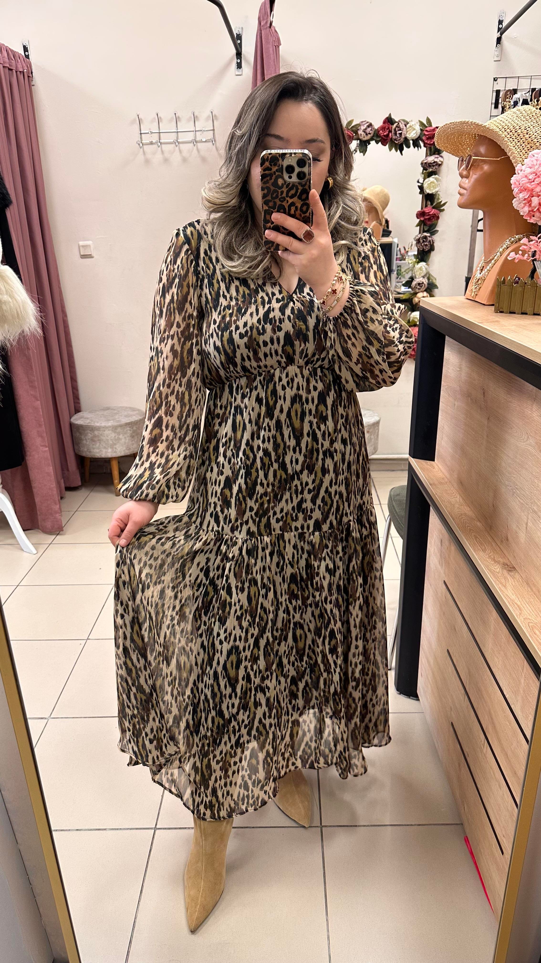 MNG LEOPAR DESEN İÇ ASTARLI ŞİFON ELBİSE