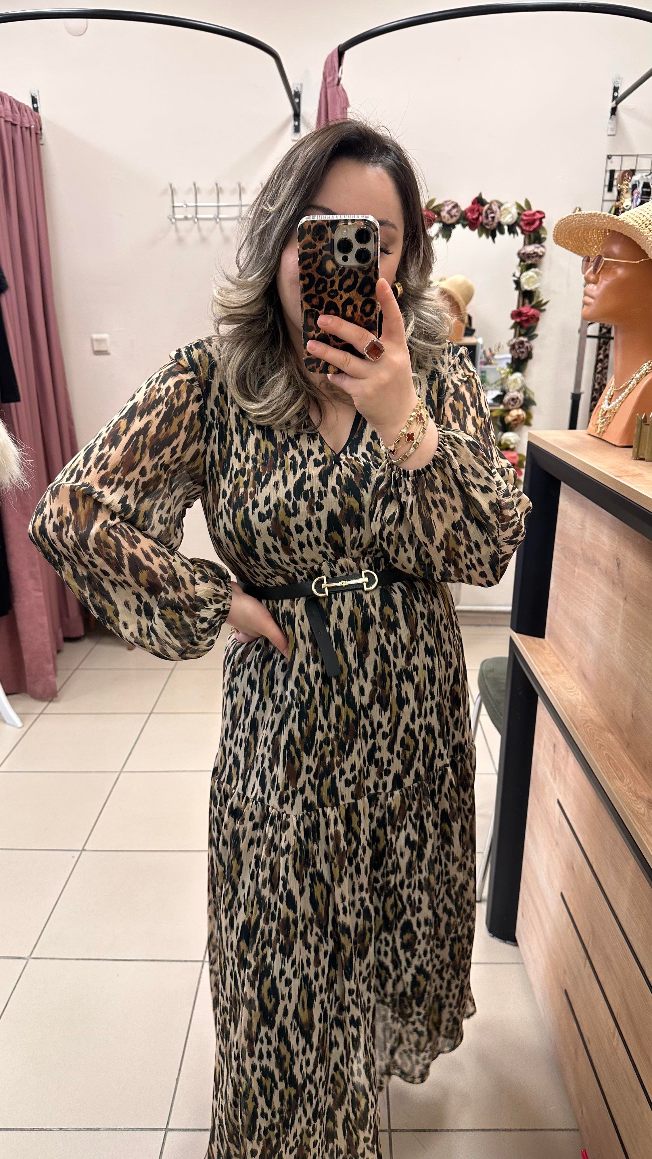 MNG LEOPAR DESEN İÇ ASTARLI ŞİFON ELBİSE