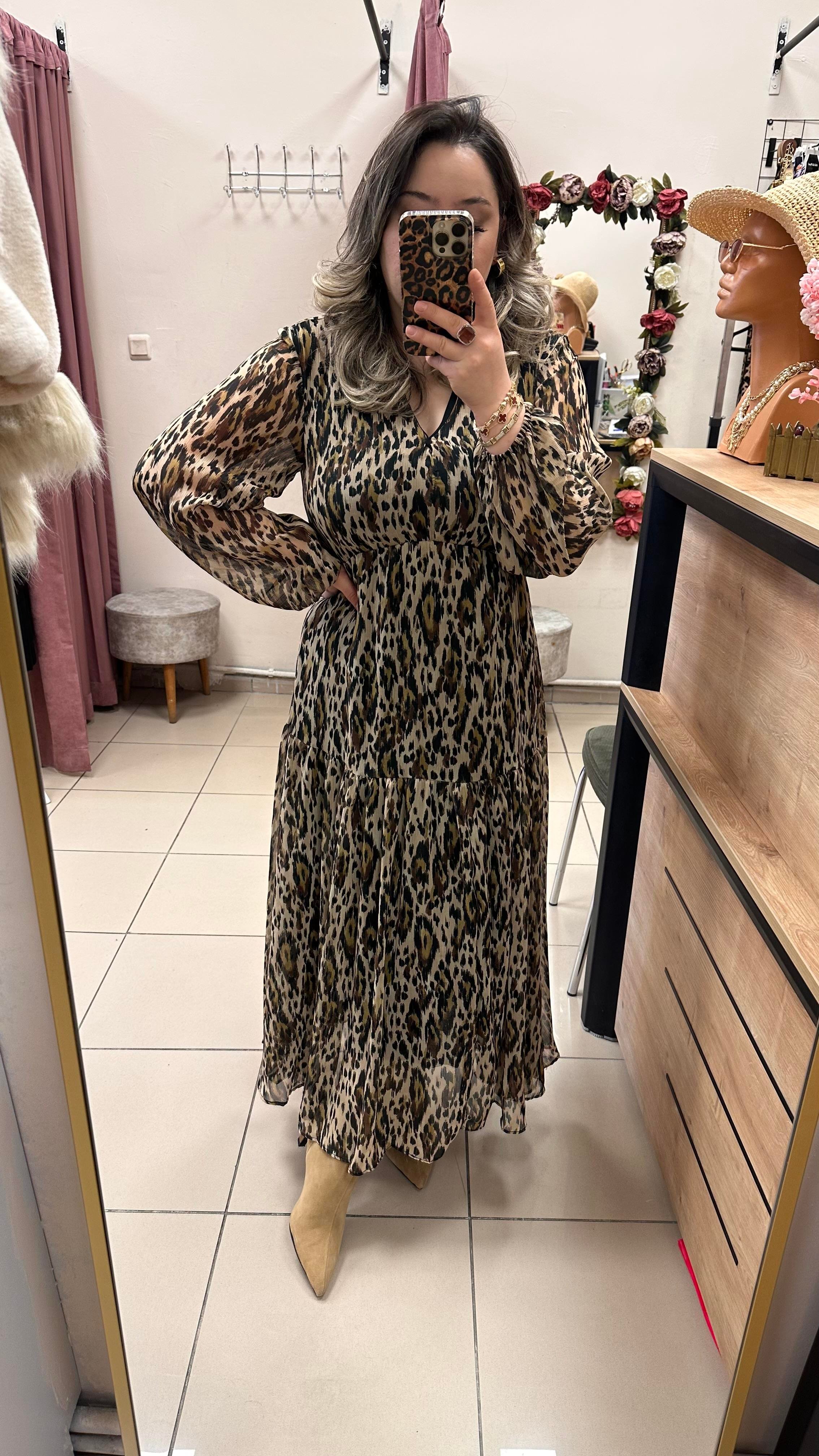 MNG LEOPAR DESEN İÇ ASTARLI ŞİFON ELBİSE