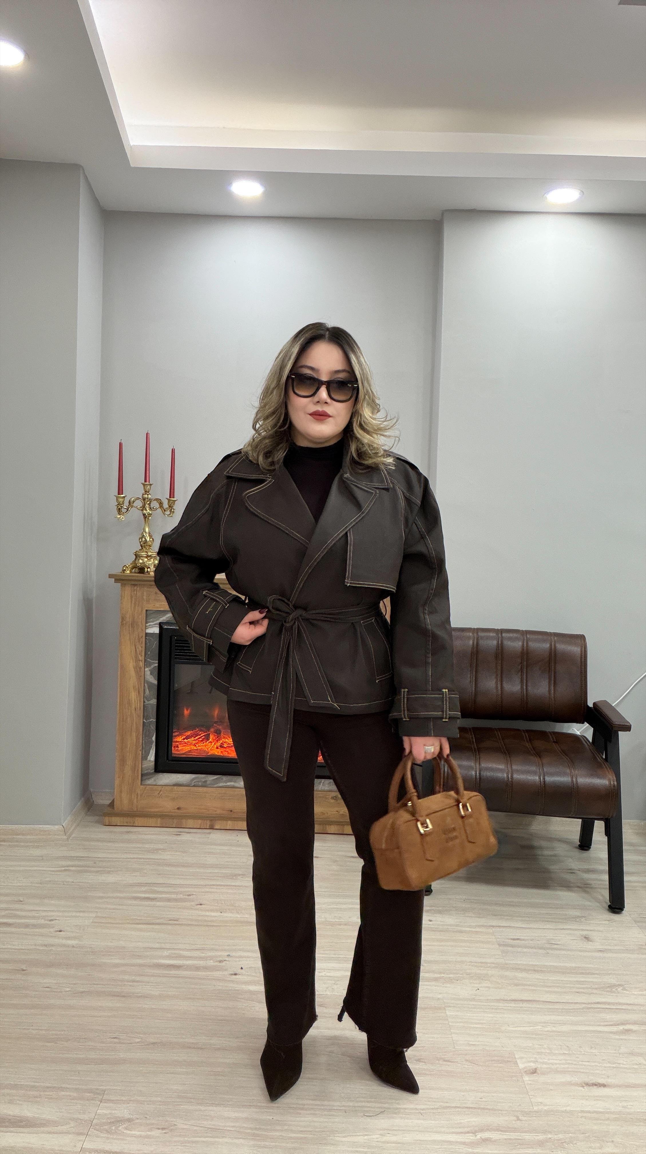 MUMLU KUŞAKLI JEAN CEKET KAHVE
