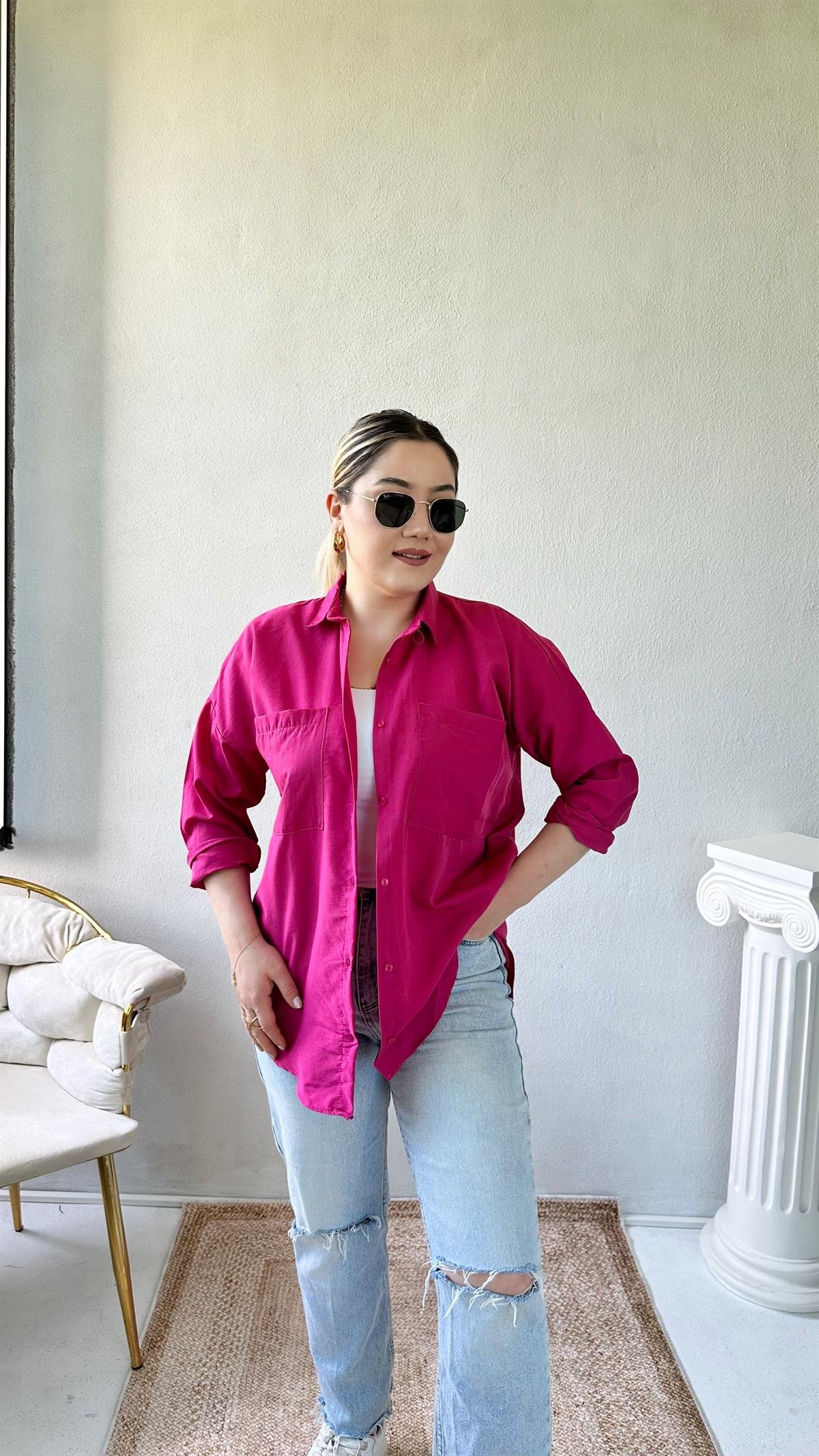 Oversize Cepli Poplin Gömlek Fuşya