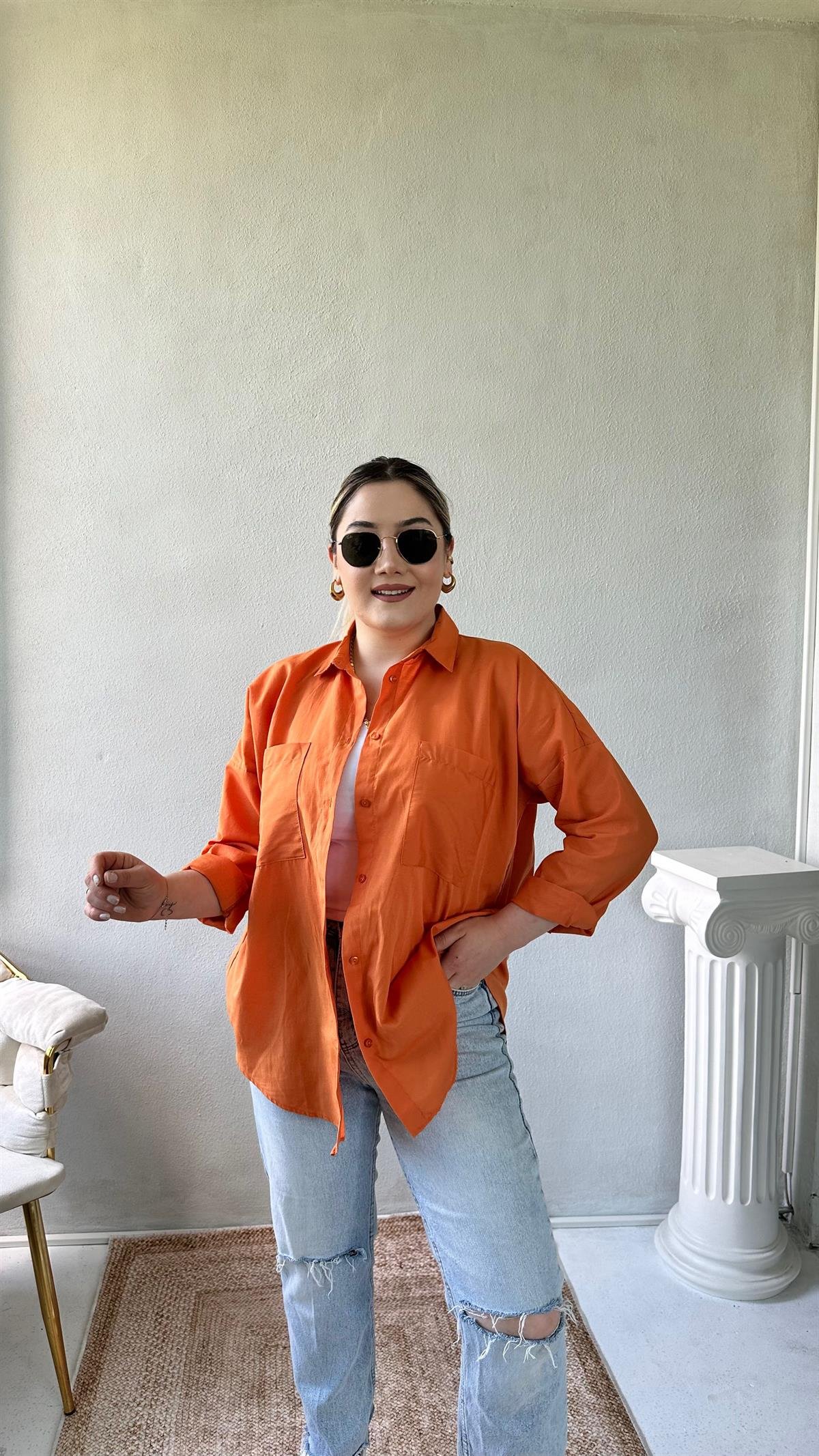 Oversize Cepli Poplin Gömlek Orange