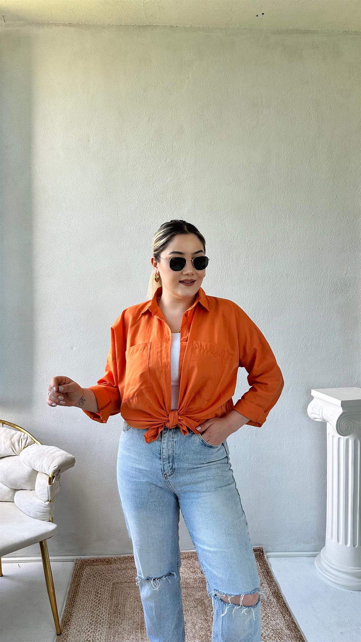 Oversize Cepli Poplin Gömlek Orange