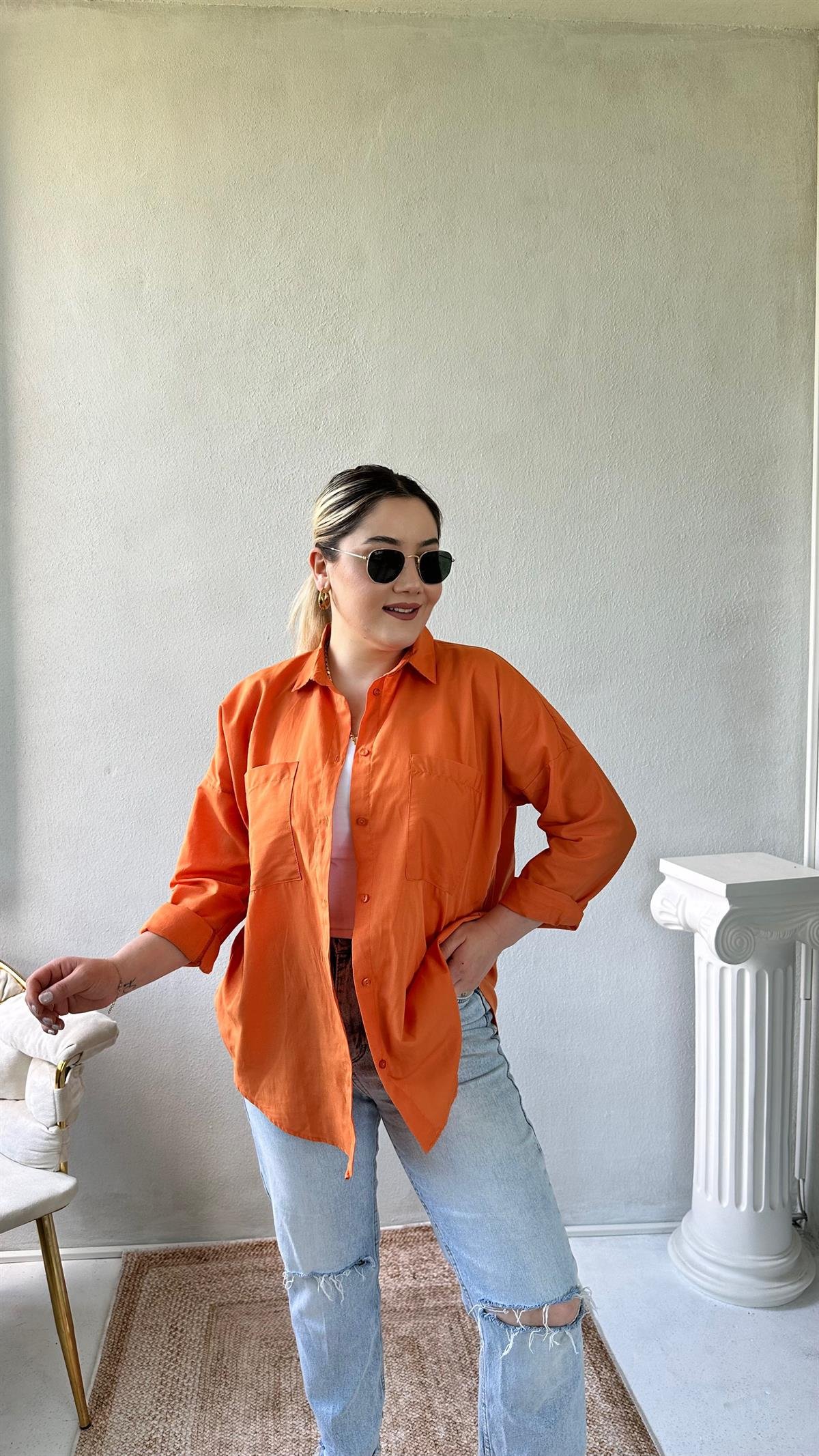 Oversize Cepli Poplin Gömlek Orange