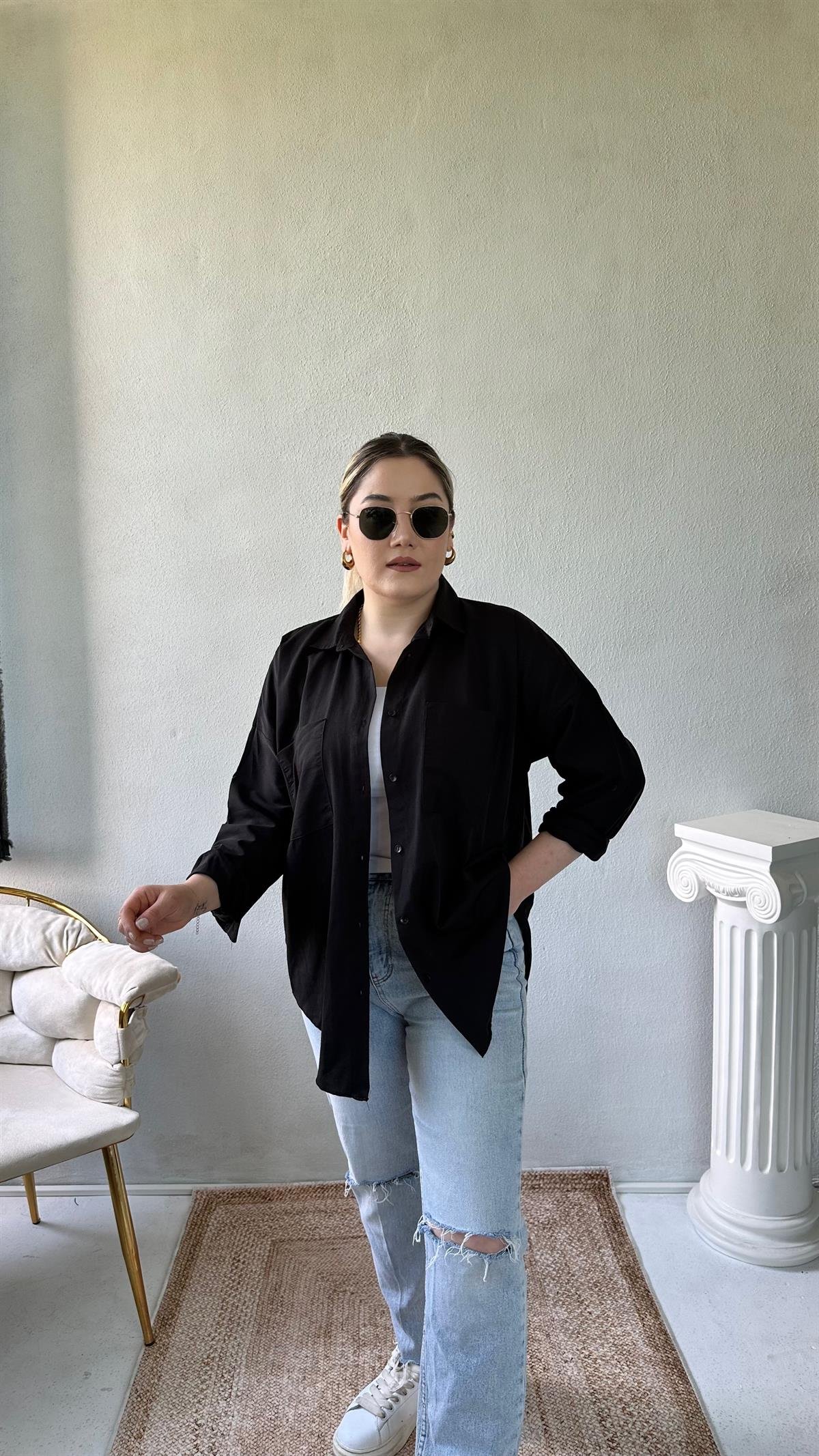 Oversize Cepli Poplin Gömlek Siyah