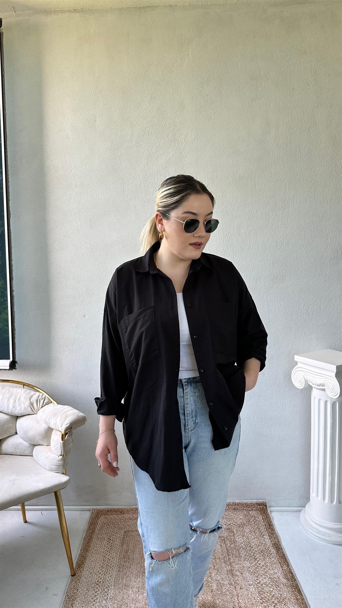 Oversize Cepli Poplin Gömlek Siyah