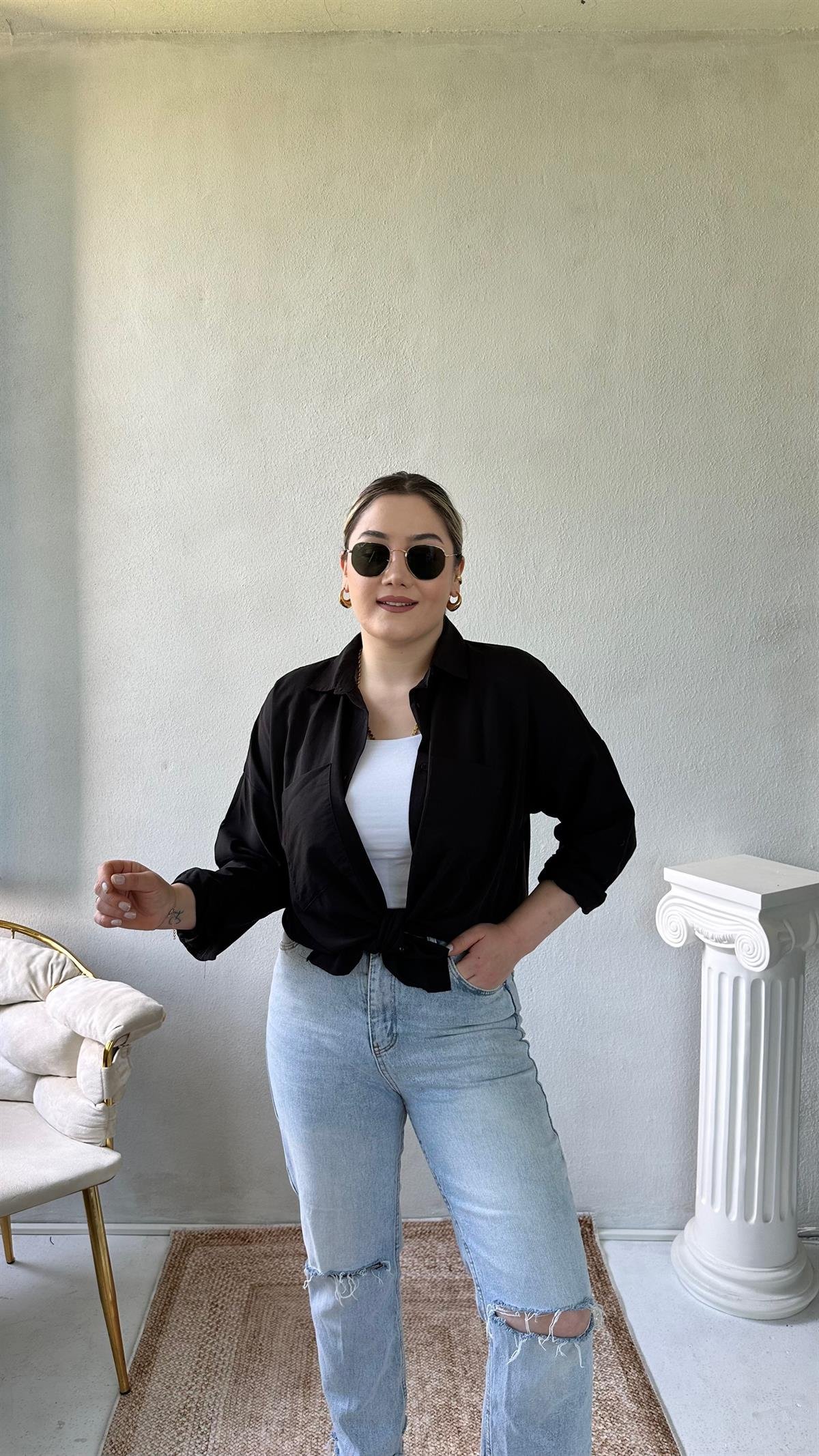 Oversize Cepli Poplin Gömlek Siyah