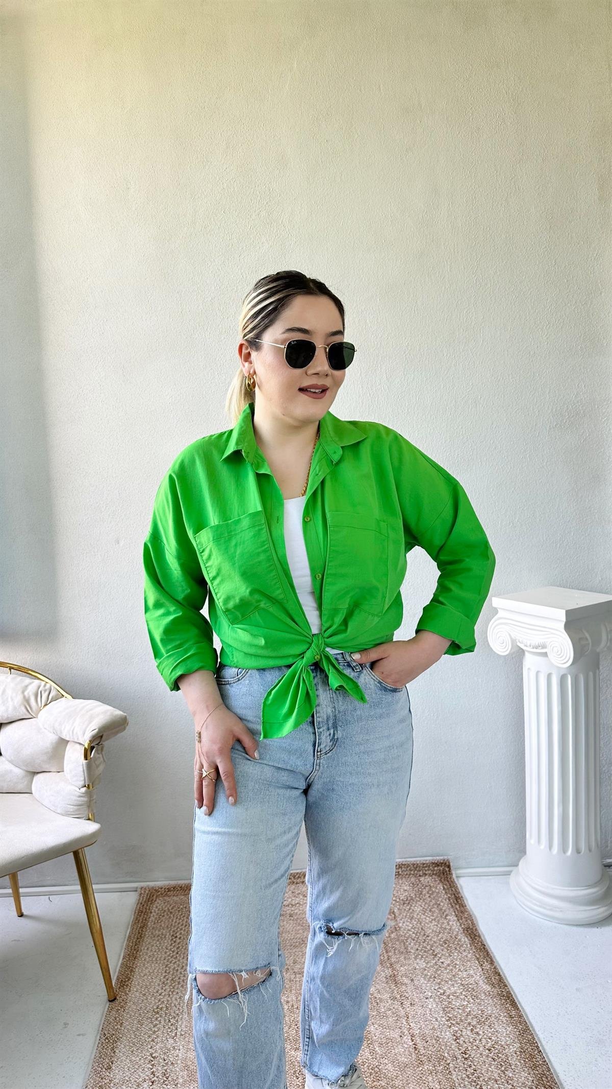 Oversize Cepli Poplin Gömlek Yeşil