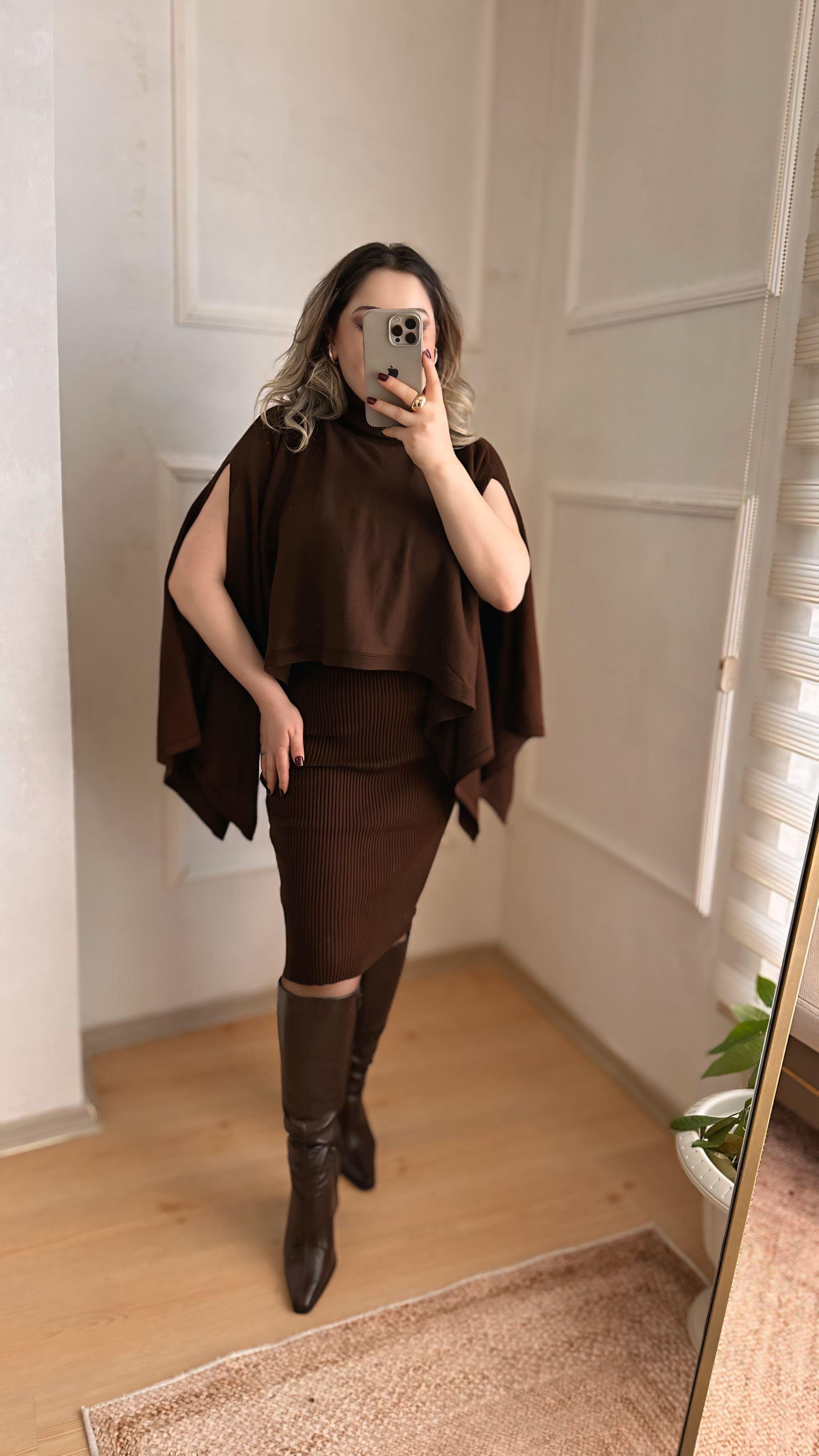 PANÇOLU TRİKO ELBİSE KAHVE
