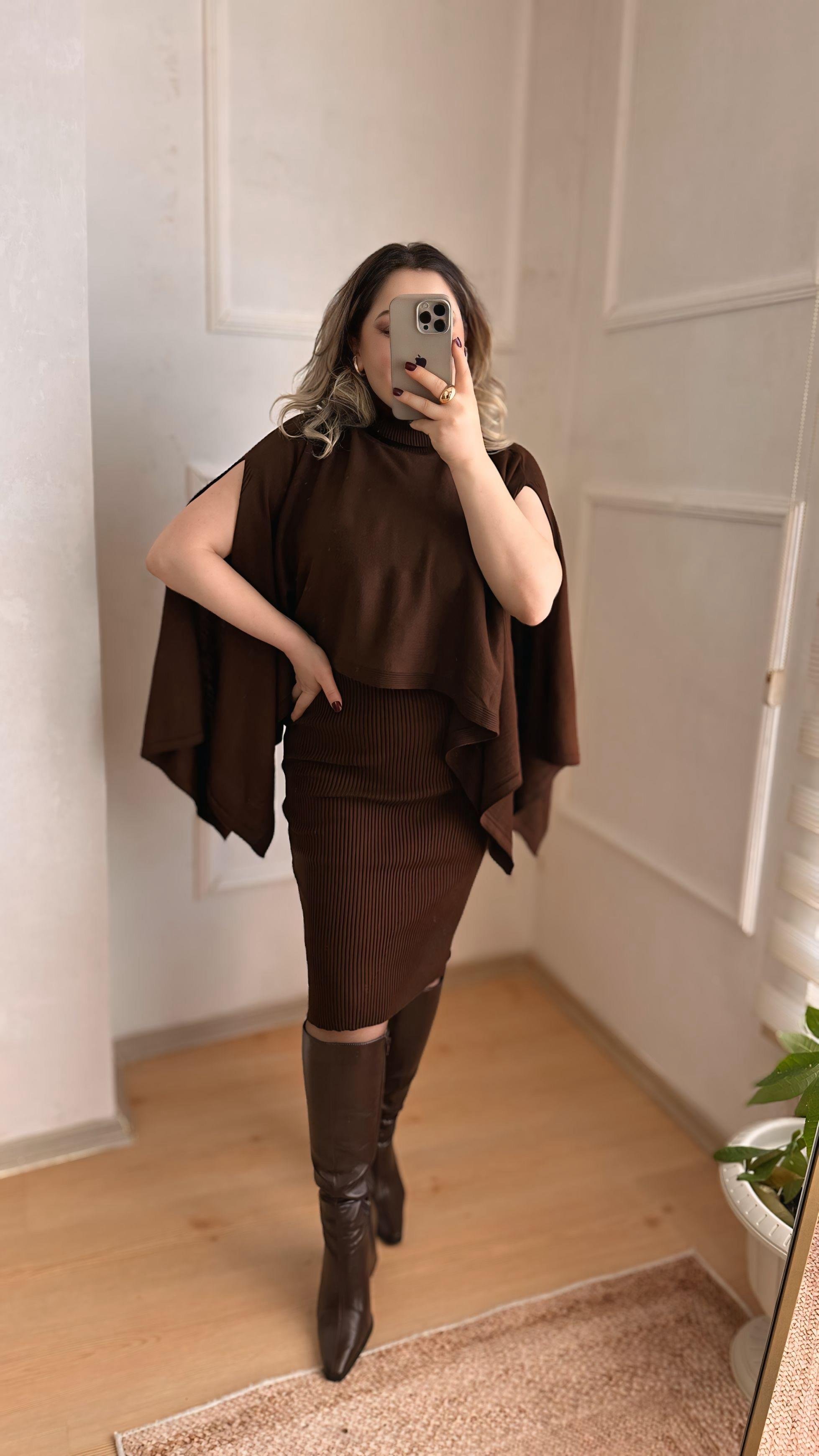 PANÇOLU TRİKO ELBİSE KAHVE