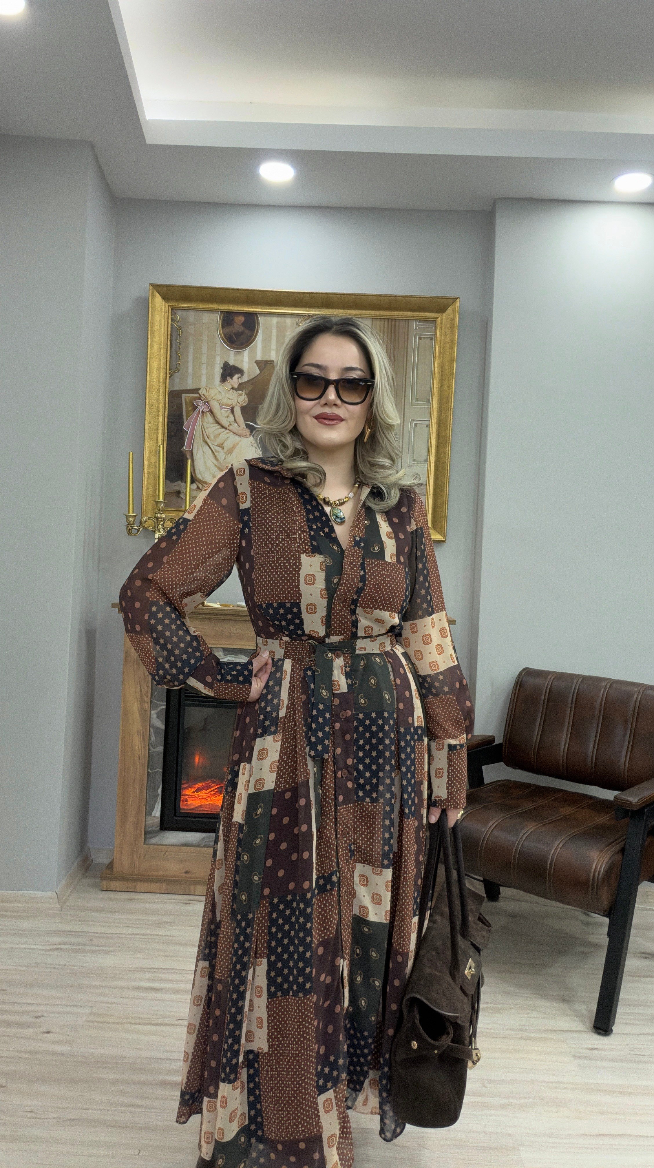 PATCHWORK KUŞAKLI ŞİFON ELBİSE 
