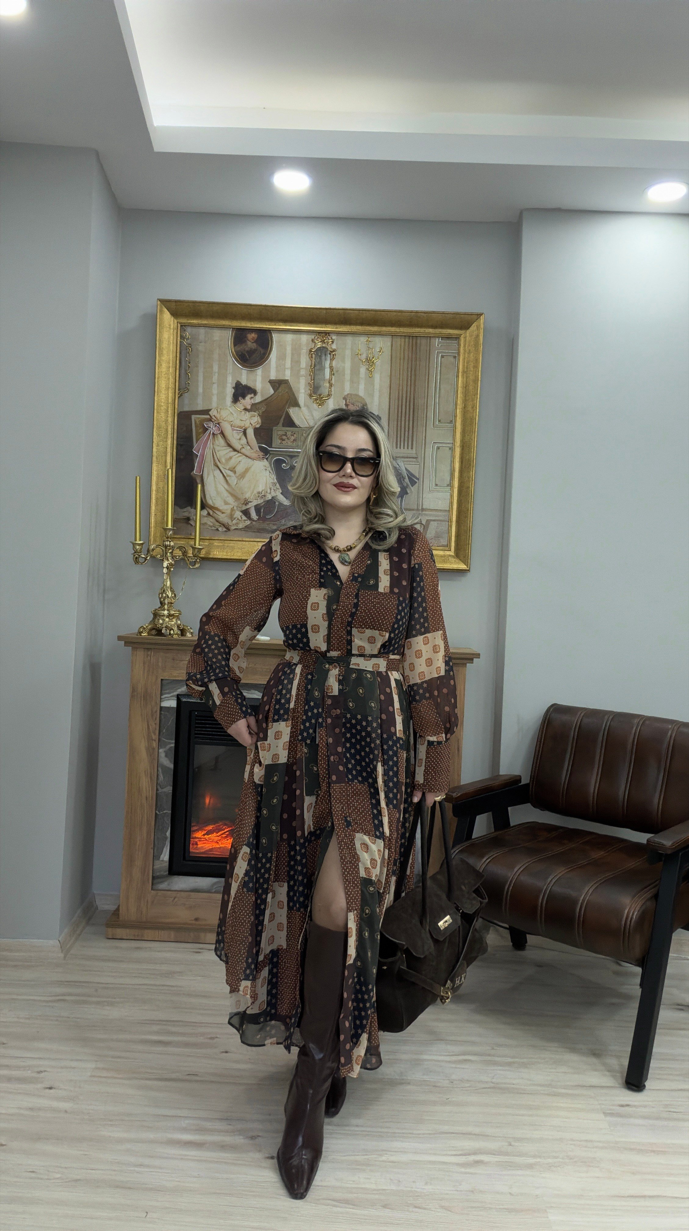 PATCHWORK KUŞAKLI ŞİFON ELBİSE 