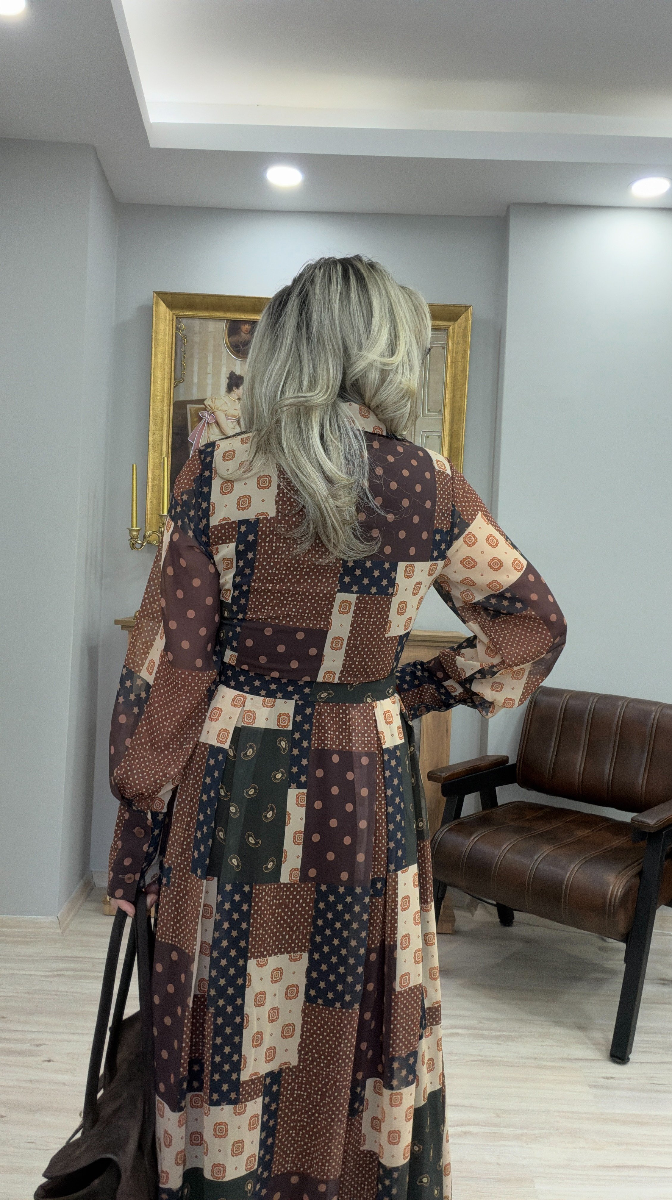 PATCHWORK KUŞAKLI ŞİFON ELBİSE 