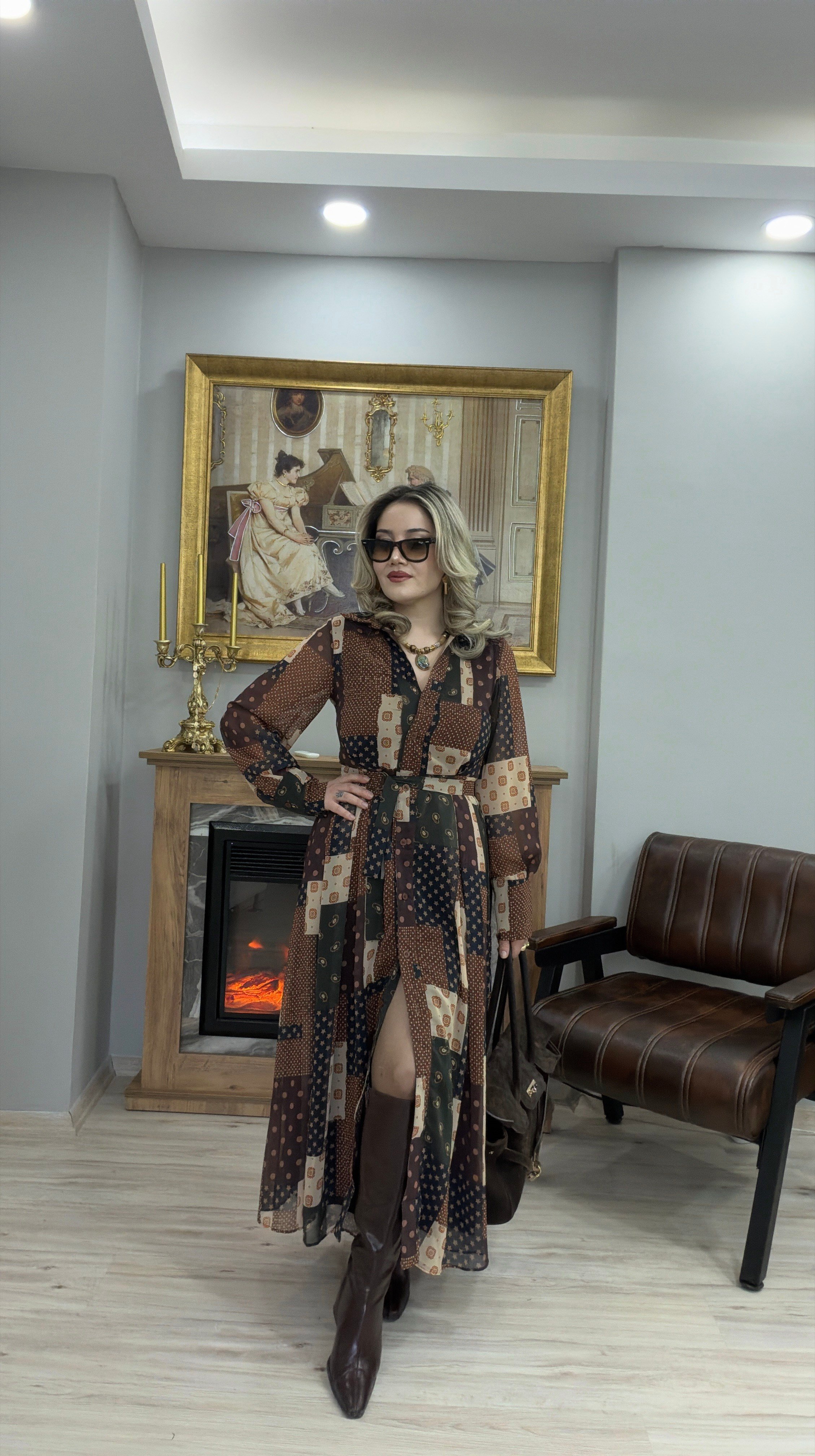 PATCHWORK KUŞAKLI ŞİFON ELBİSE 