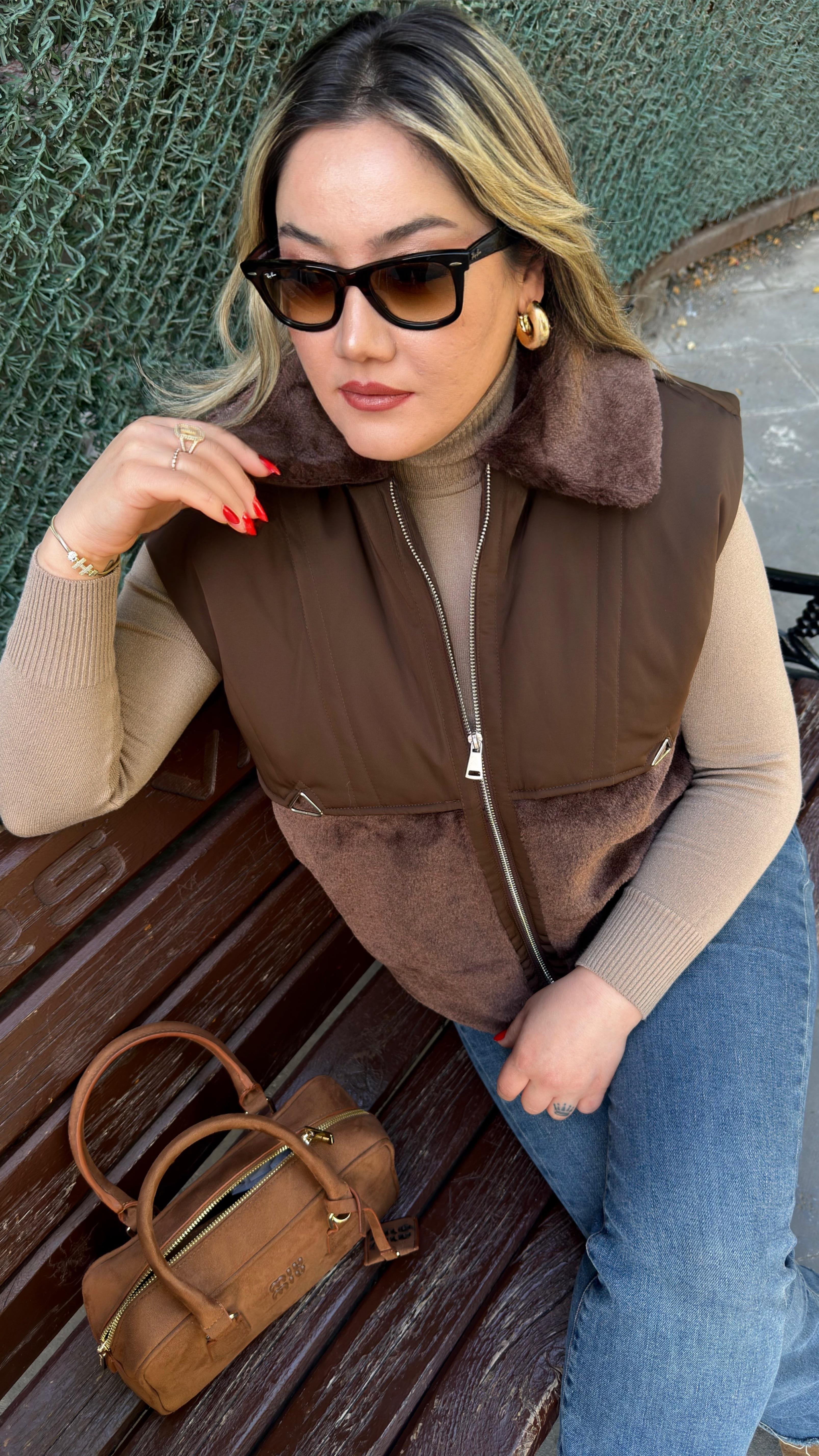 PELUŞ KÜRKLÜ SU GEÇİRMEZ ŞİŞME YELEK KAHVE 