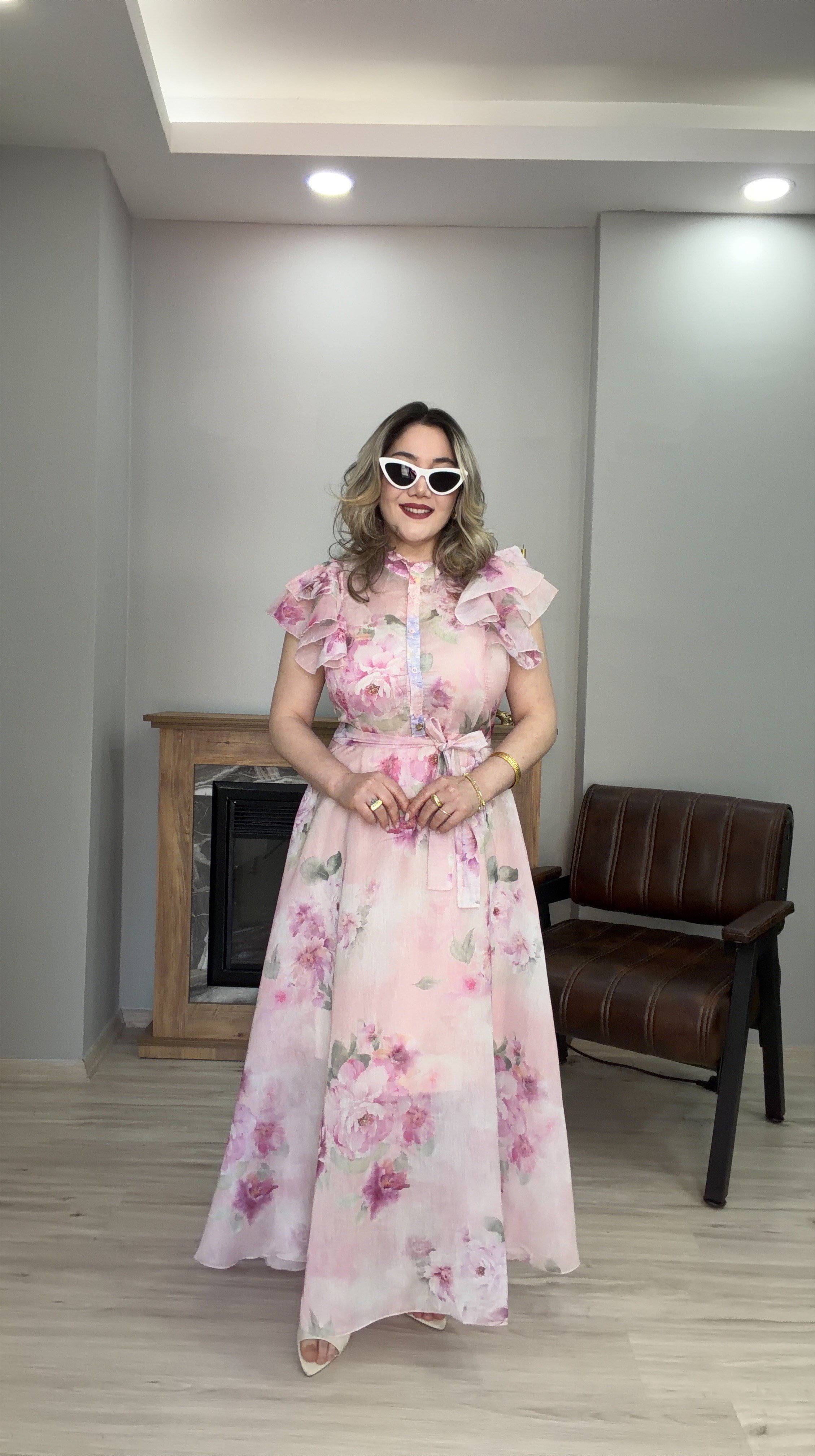 PEMBE ÇİÇEKLİ TENSEL ELBİSE 
