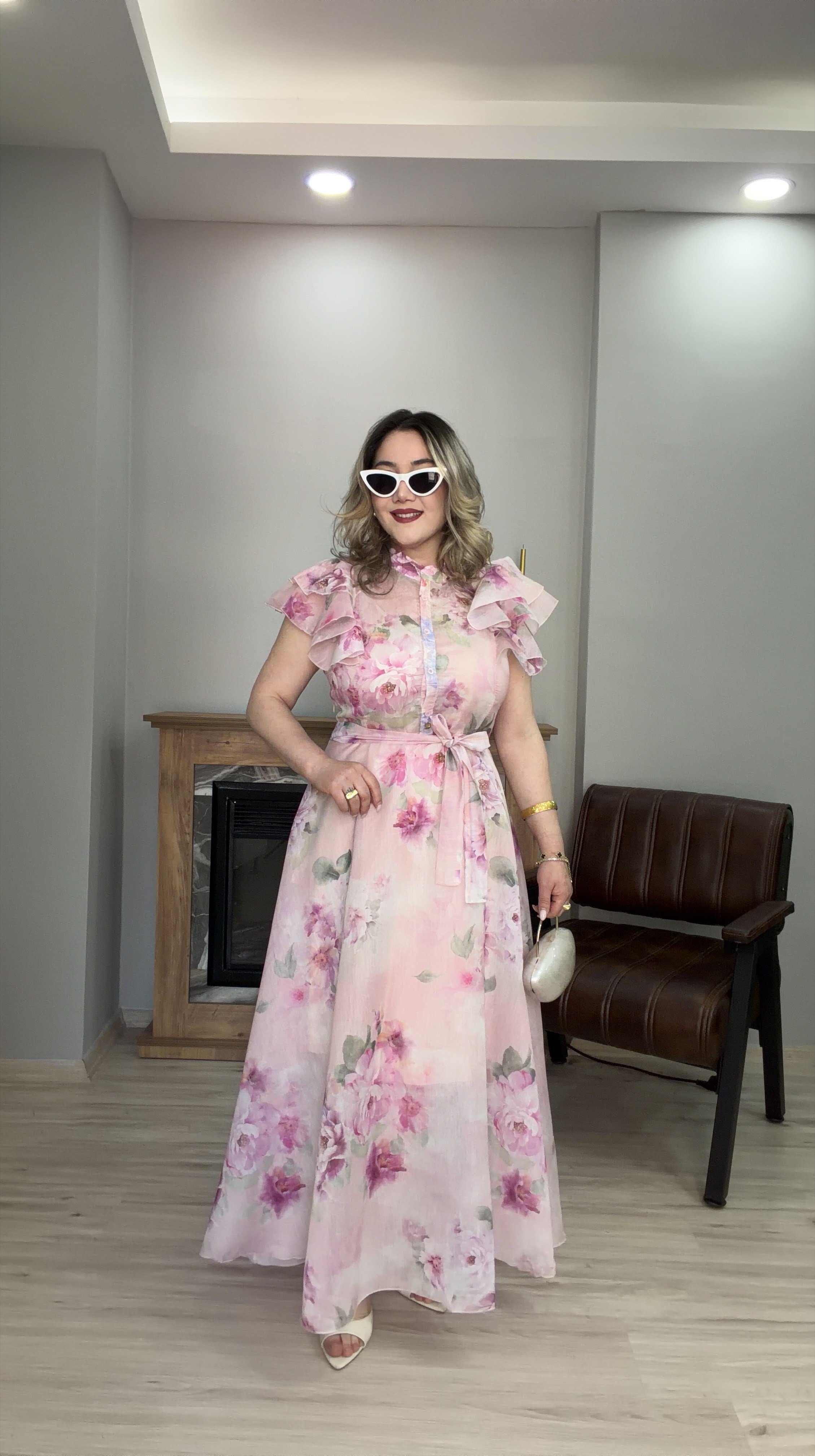 PEMBE ÇİÇEKLİ TENSEL ELBİSE 