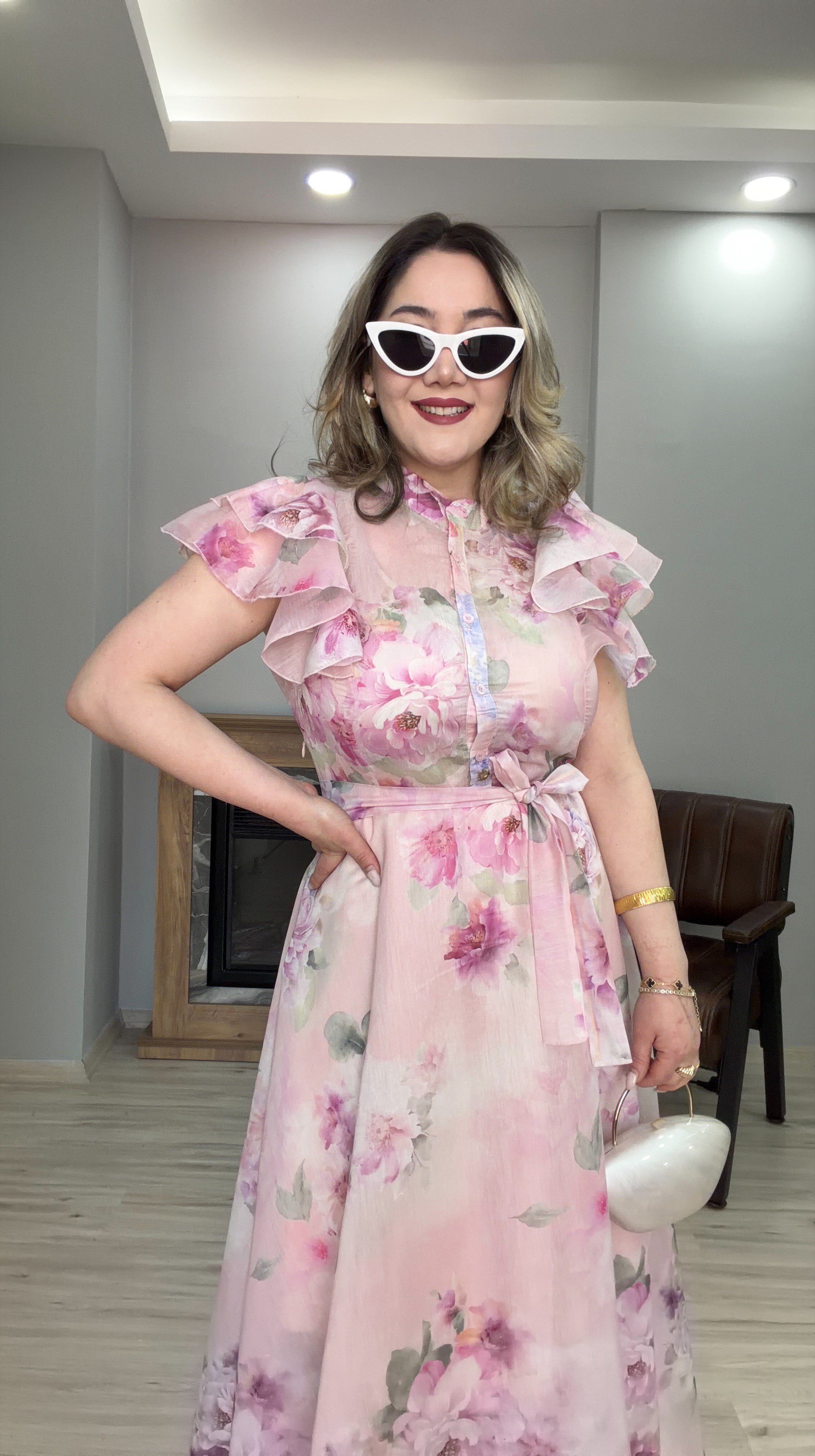 PEMBE ÇİÇEKLİ TENSEL ELBİSE 