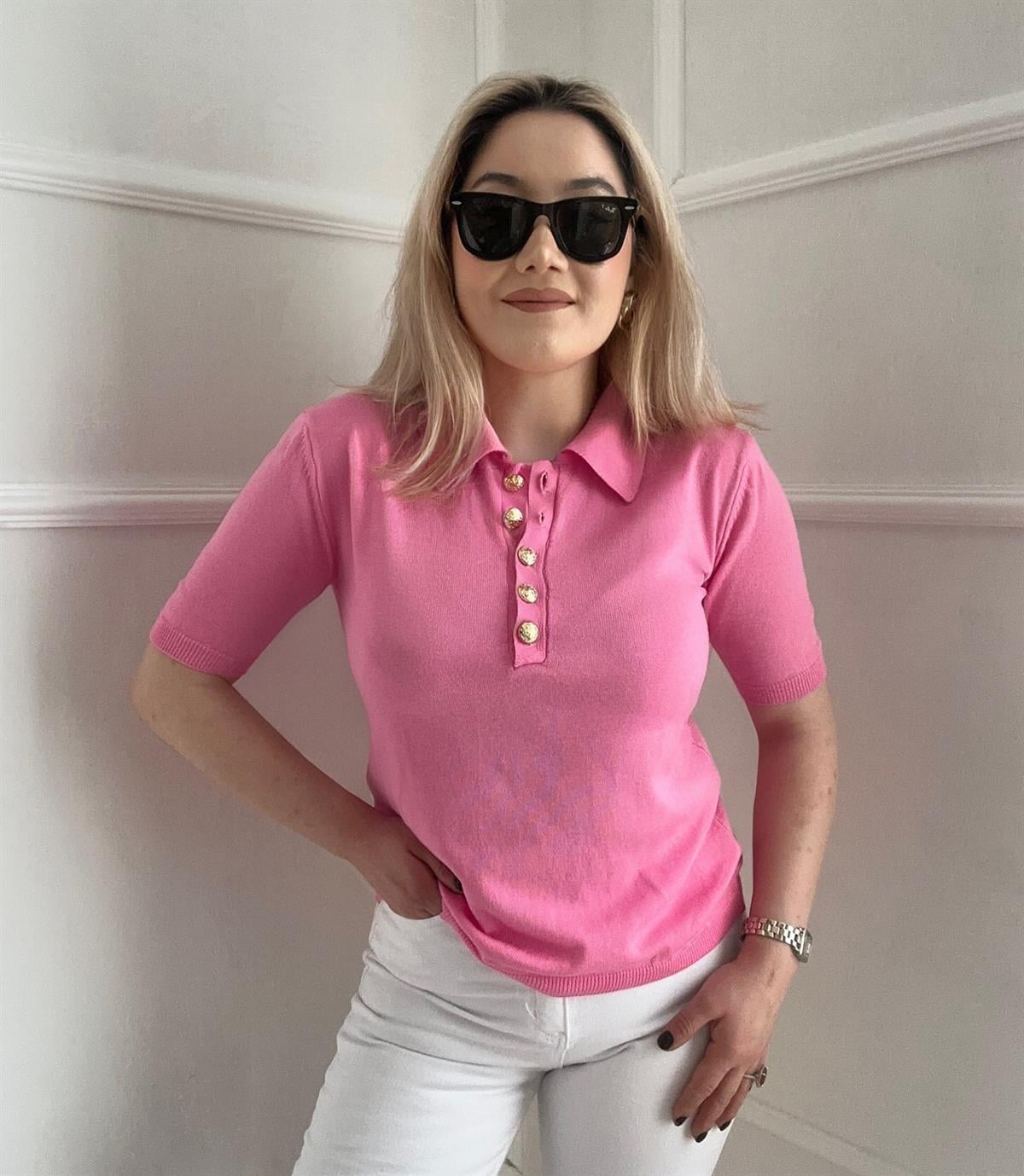 Pembe Gold düğmeli kısa kollu triko