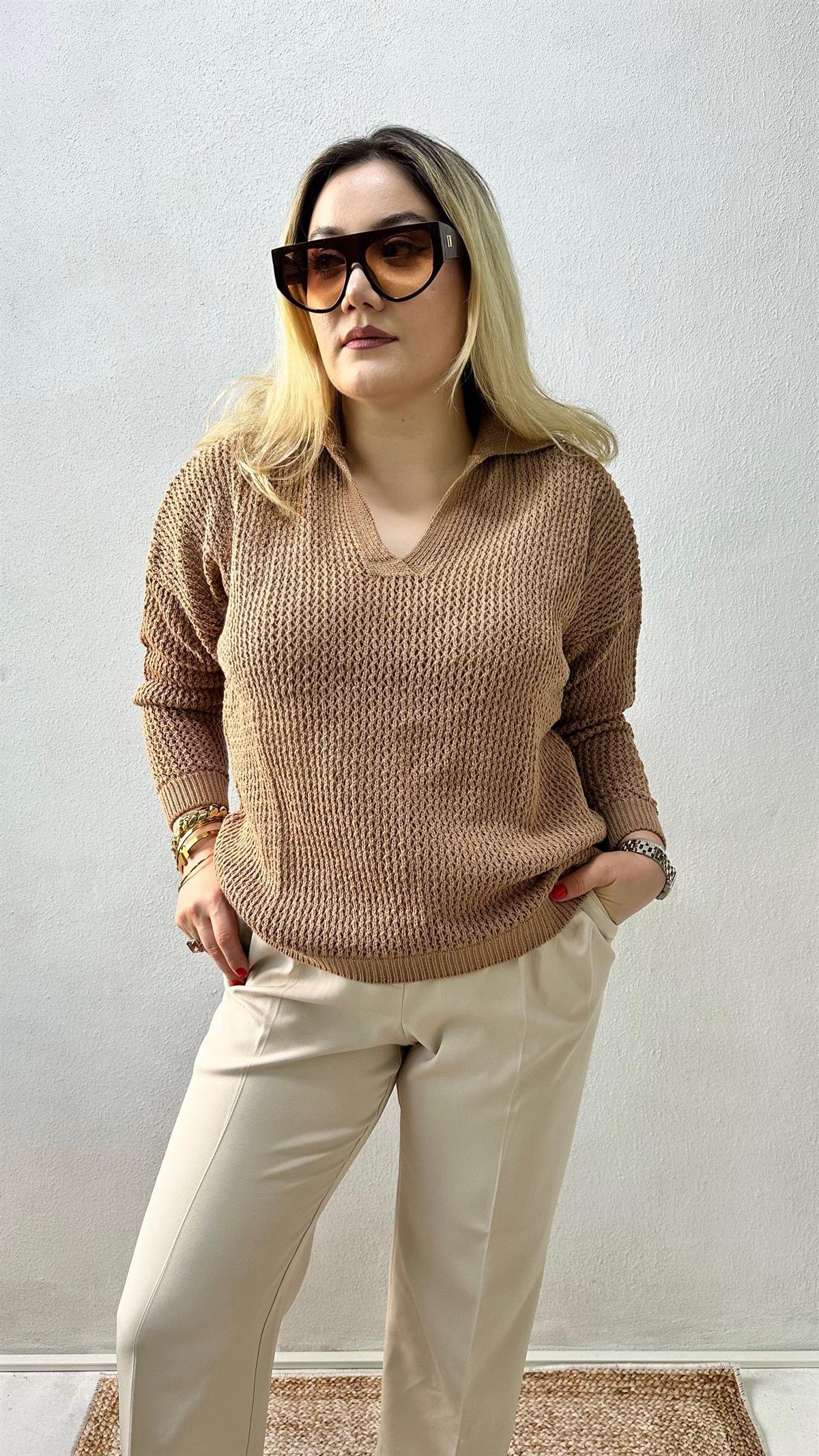 Polo Yaka Örgü Kazak Camel