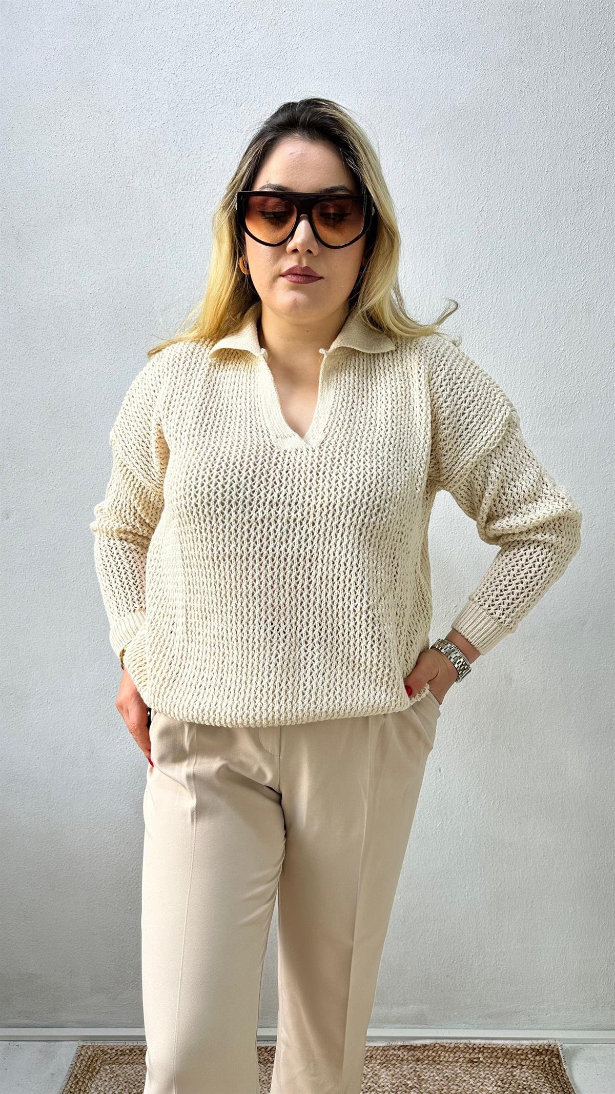 Polo Yaka Örgü Kazak Ekru