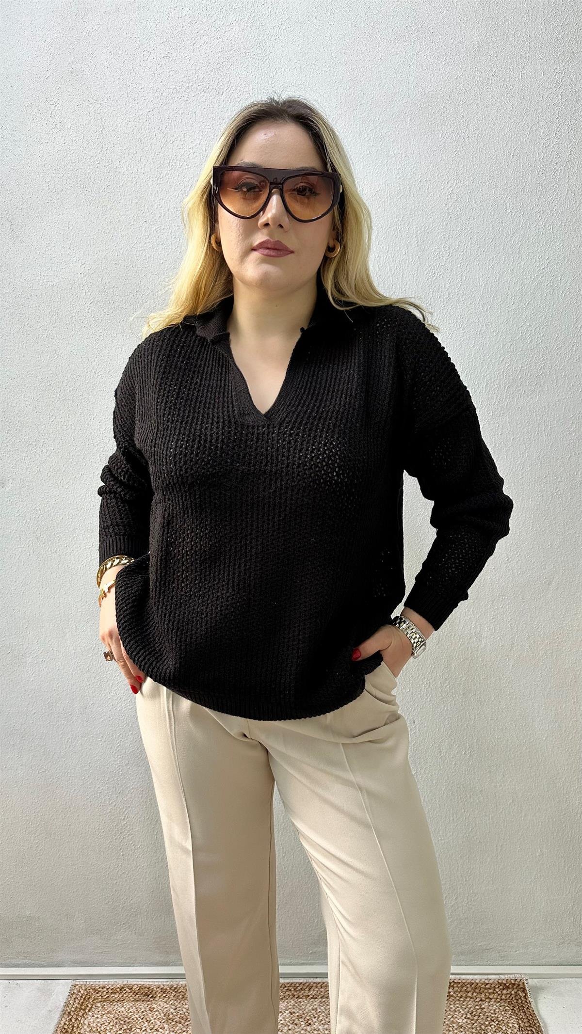 Polo Yaka Örgü Kazak Siyah
