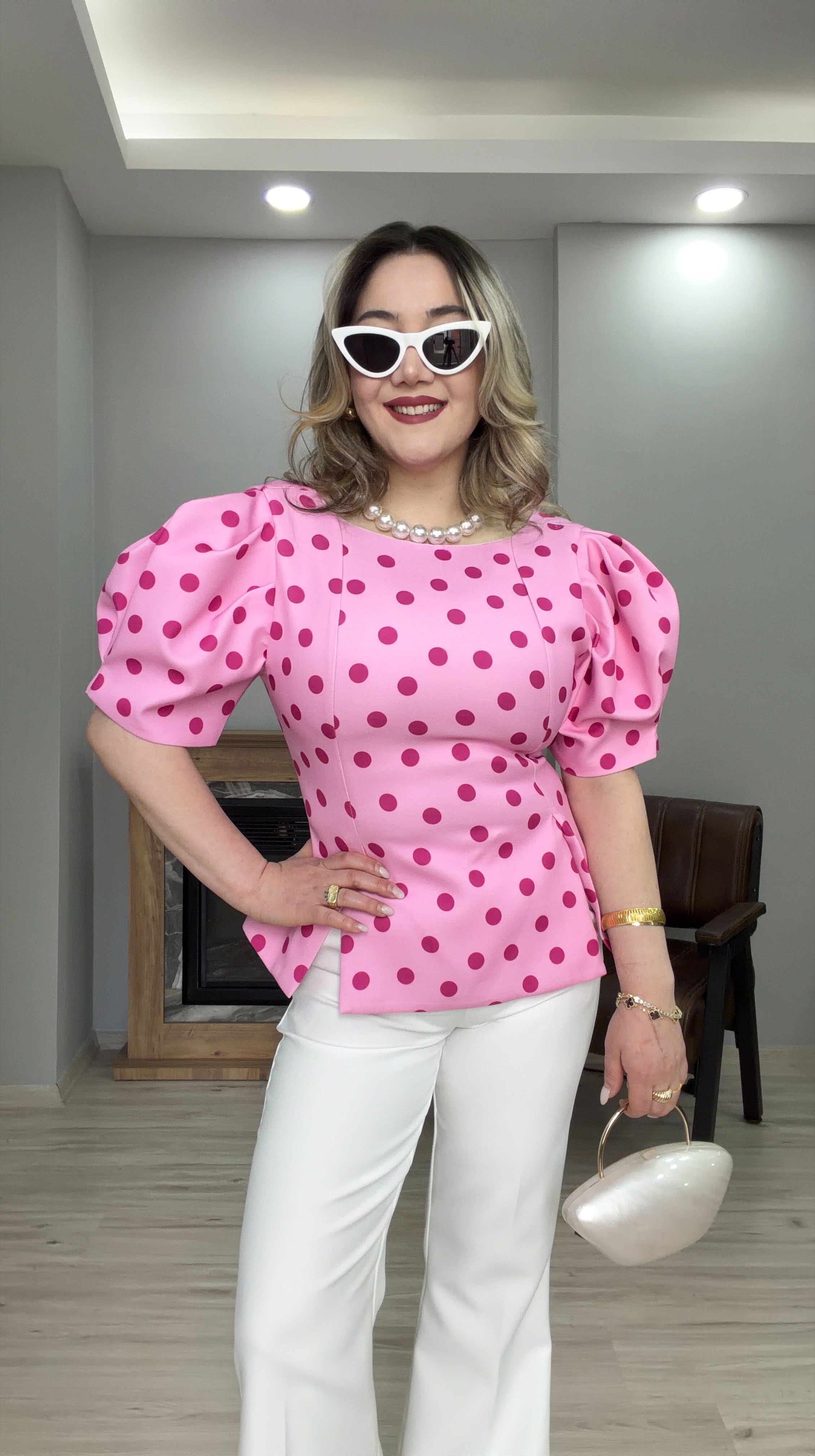 PUANTİYELİ BALON KOL BLUZ PEMBE