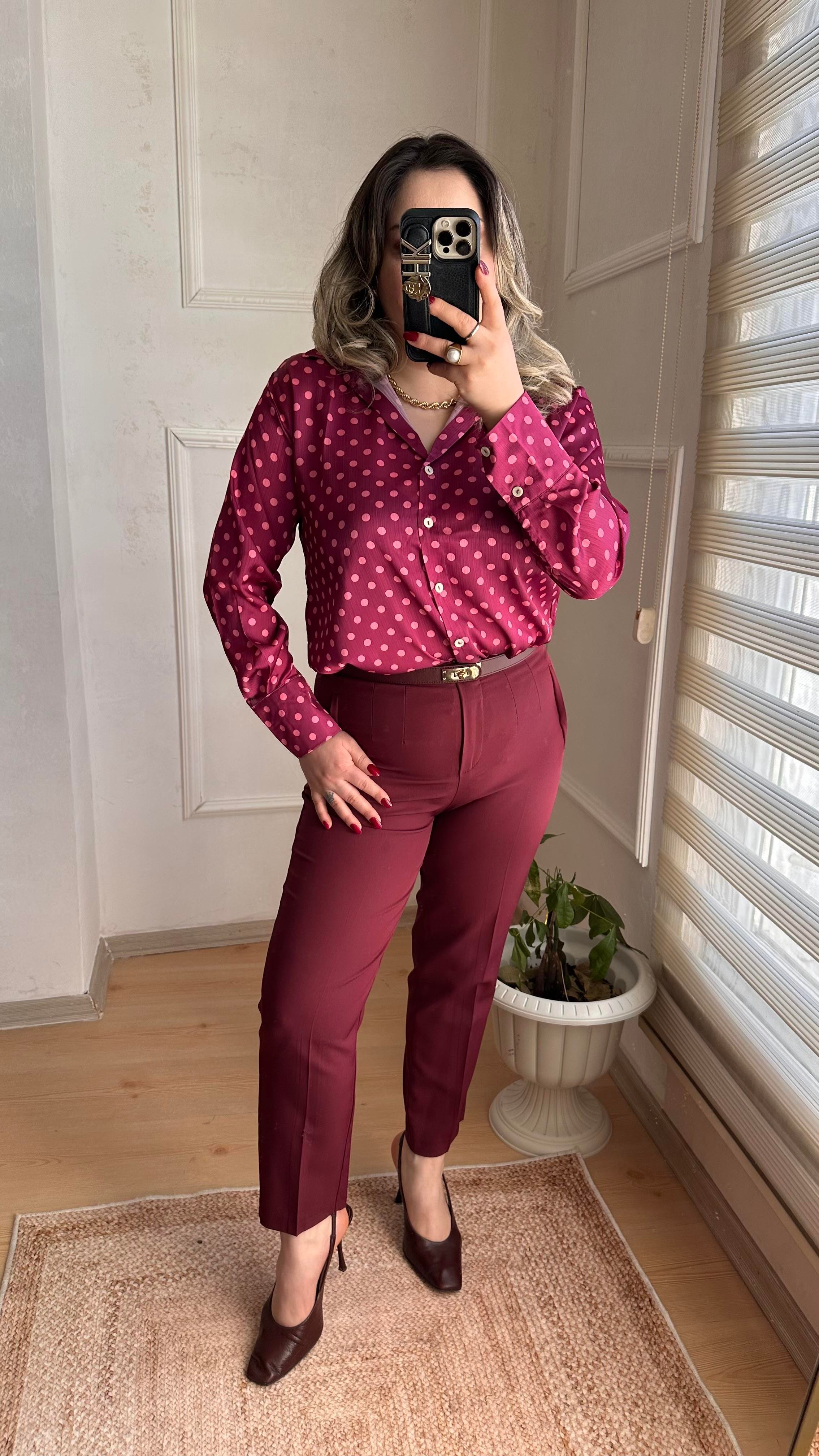 PUANTİYELİ SATEN GÖMLEK BORDO